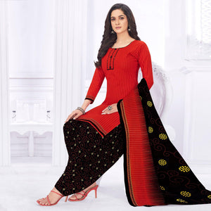 Red Casual Wear Printed Cotton Dress Material - Peachmode