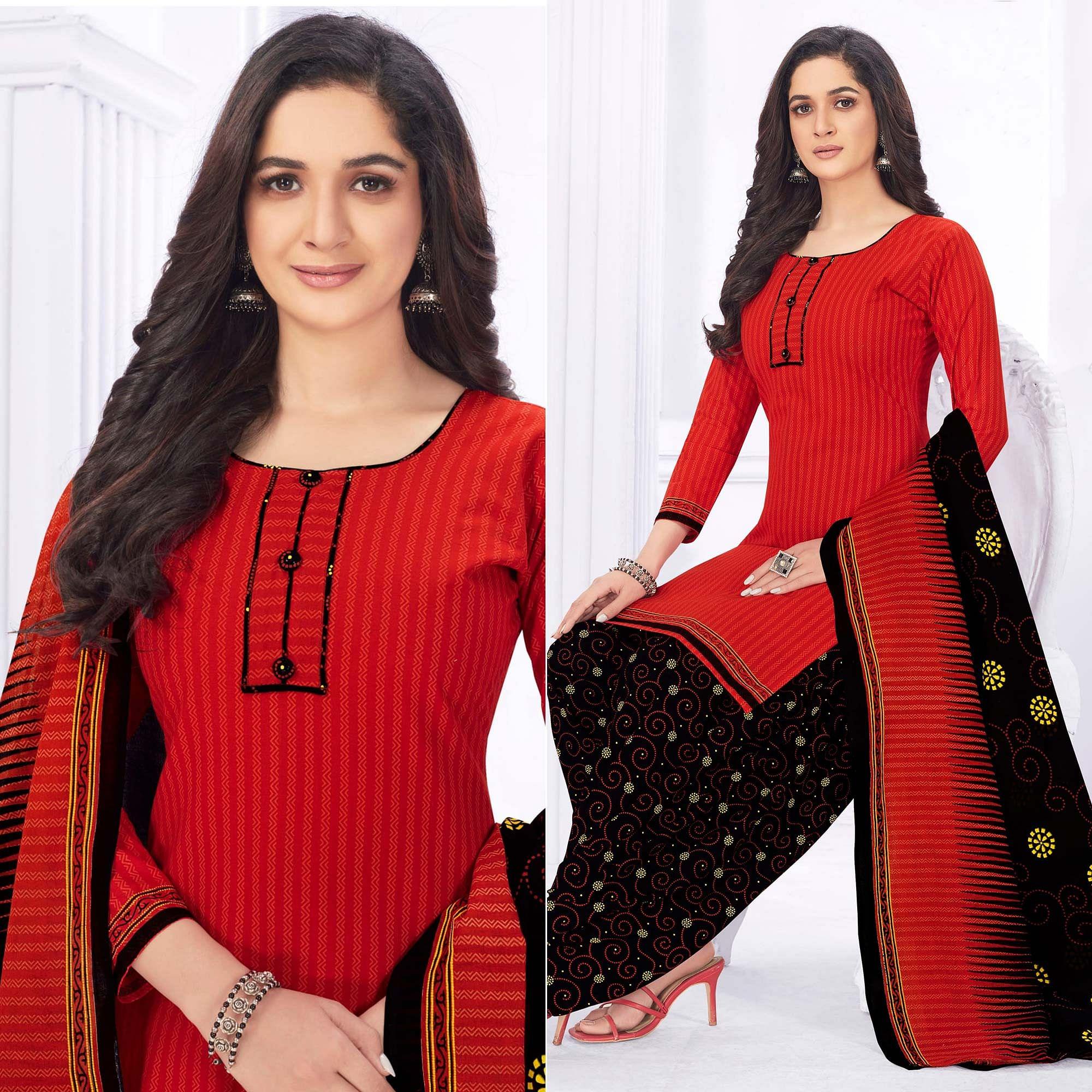 Red Casual Wear Printed Cotton Dress Material - Peachmode