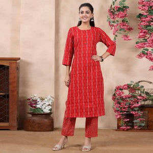 Red Casual Wear Printed Cotton Kurti - Pant Set - Peachmode