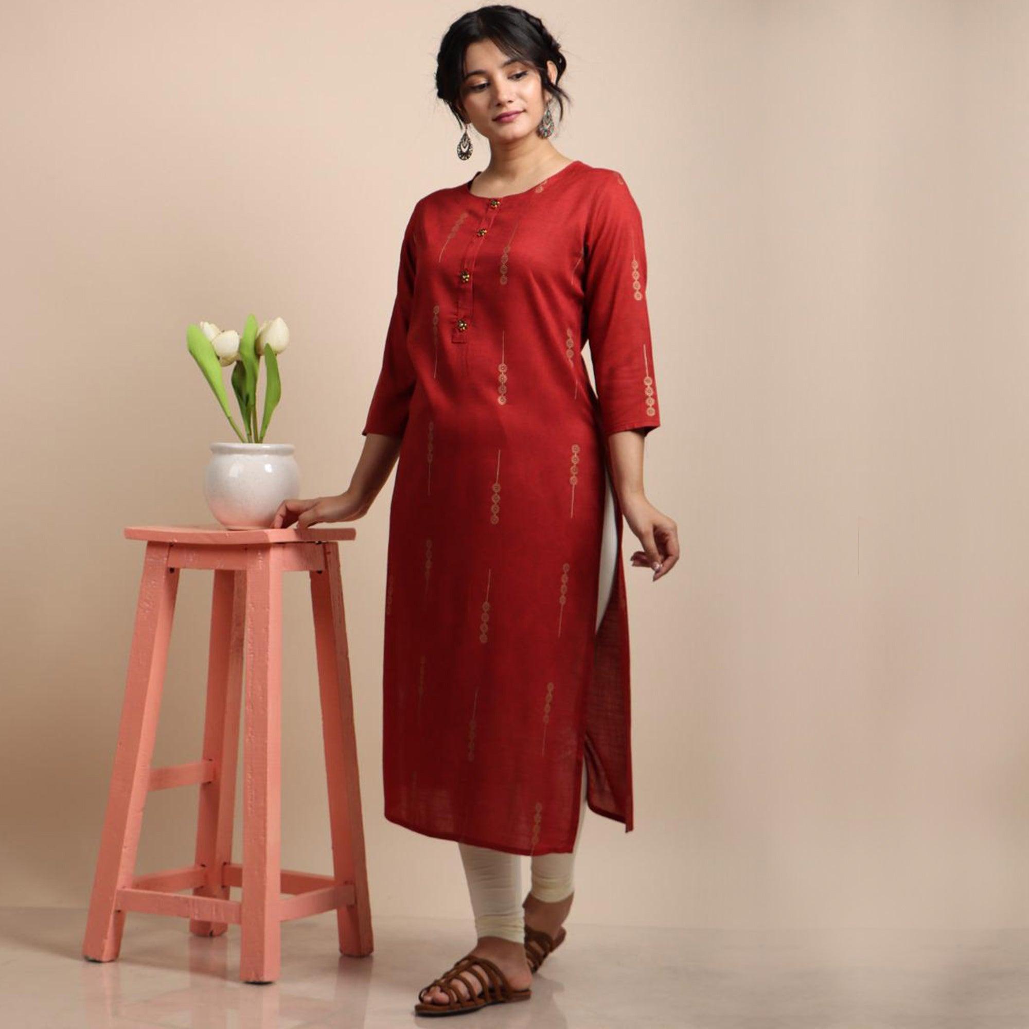 Red Casual Wear Printed Cotton Kurti - Peachmode