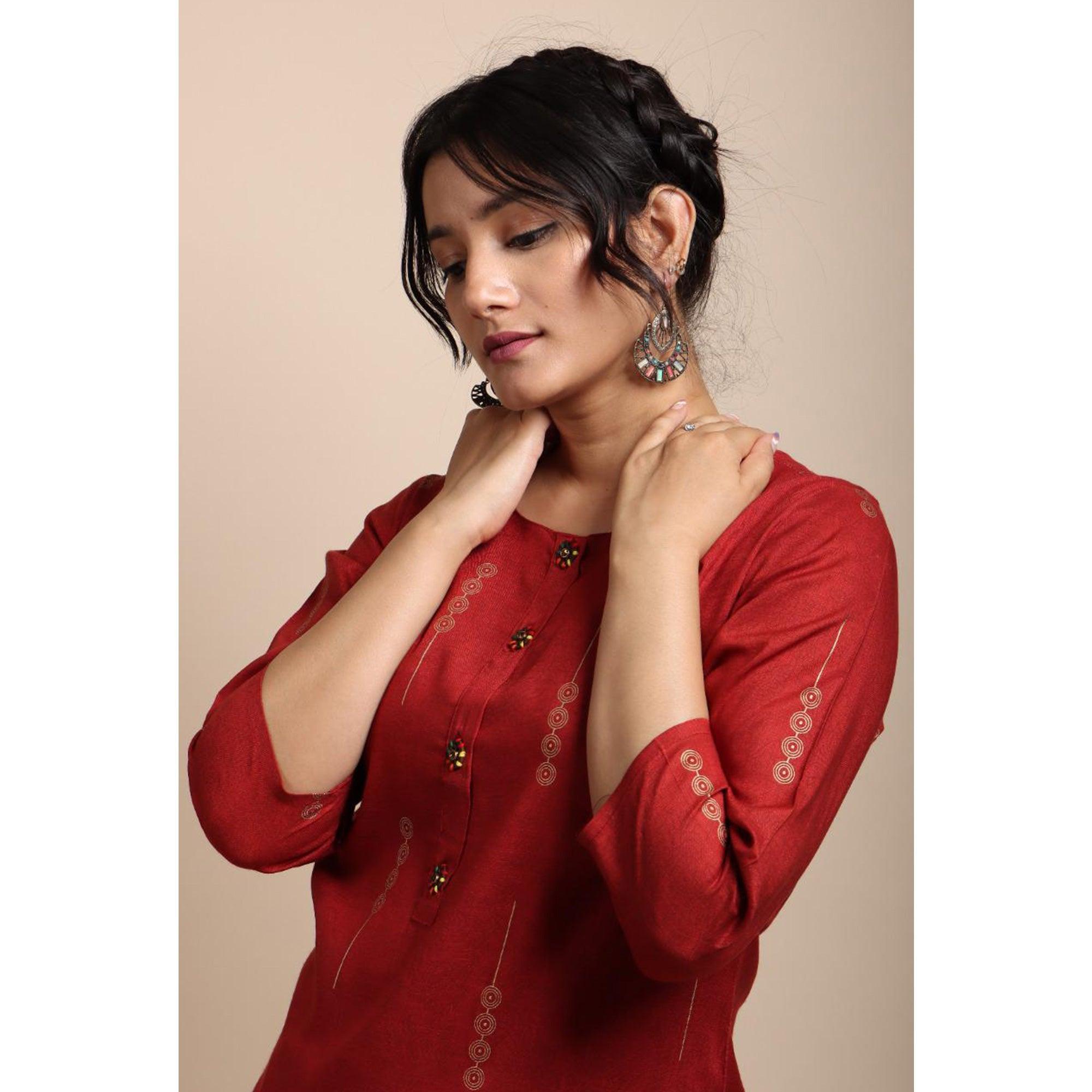 Red Casual Wear Printed Cotton Kurti - Peachmode