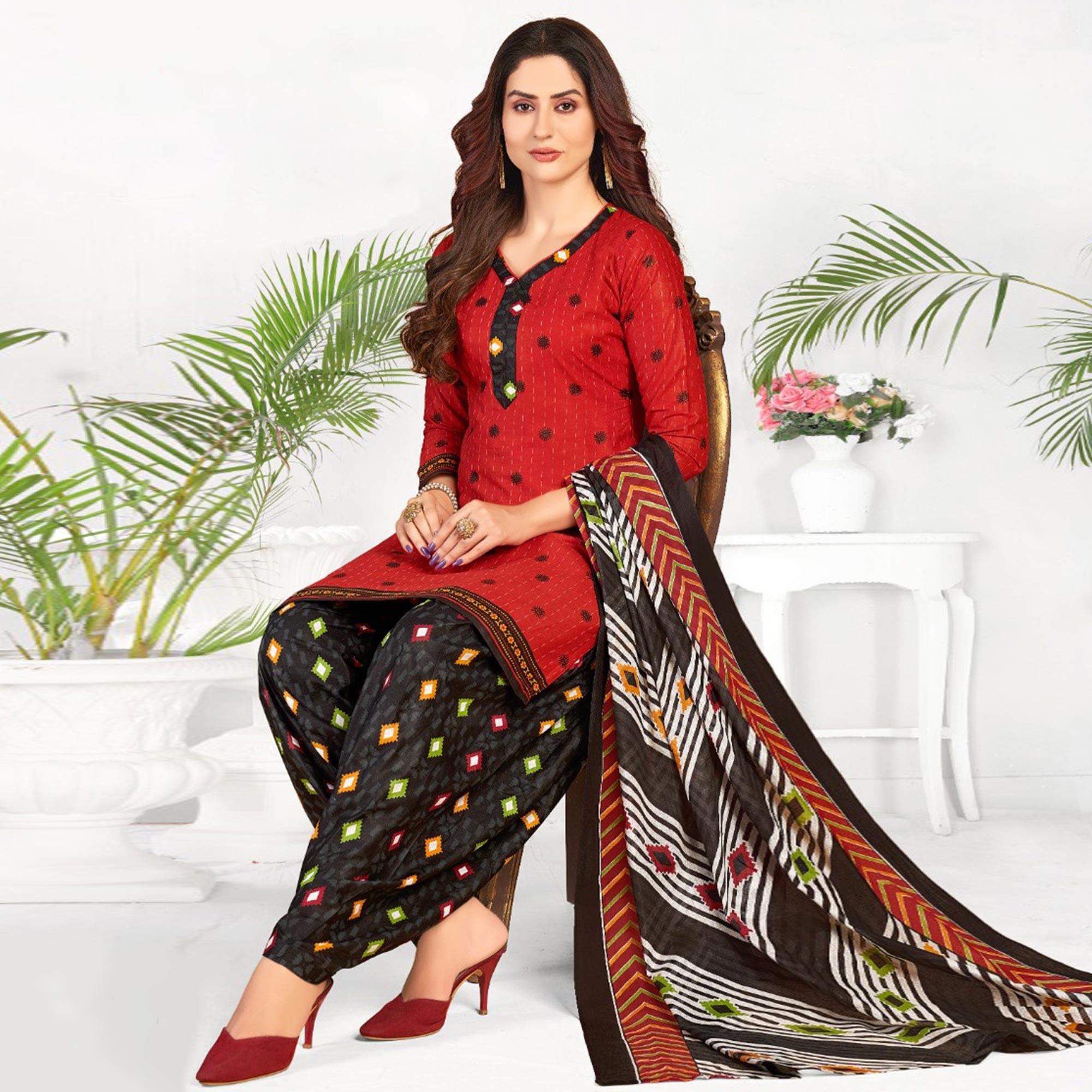 Red Casual Wear Printed Cotton Patiala Dress Material - Peachmode
