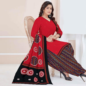 Red Casual Wear Printed Cotton Patiala Dress Material - Peachmode