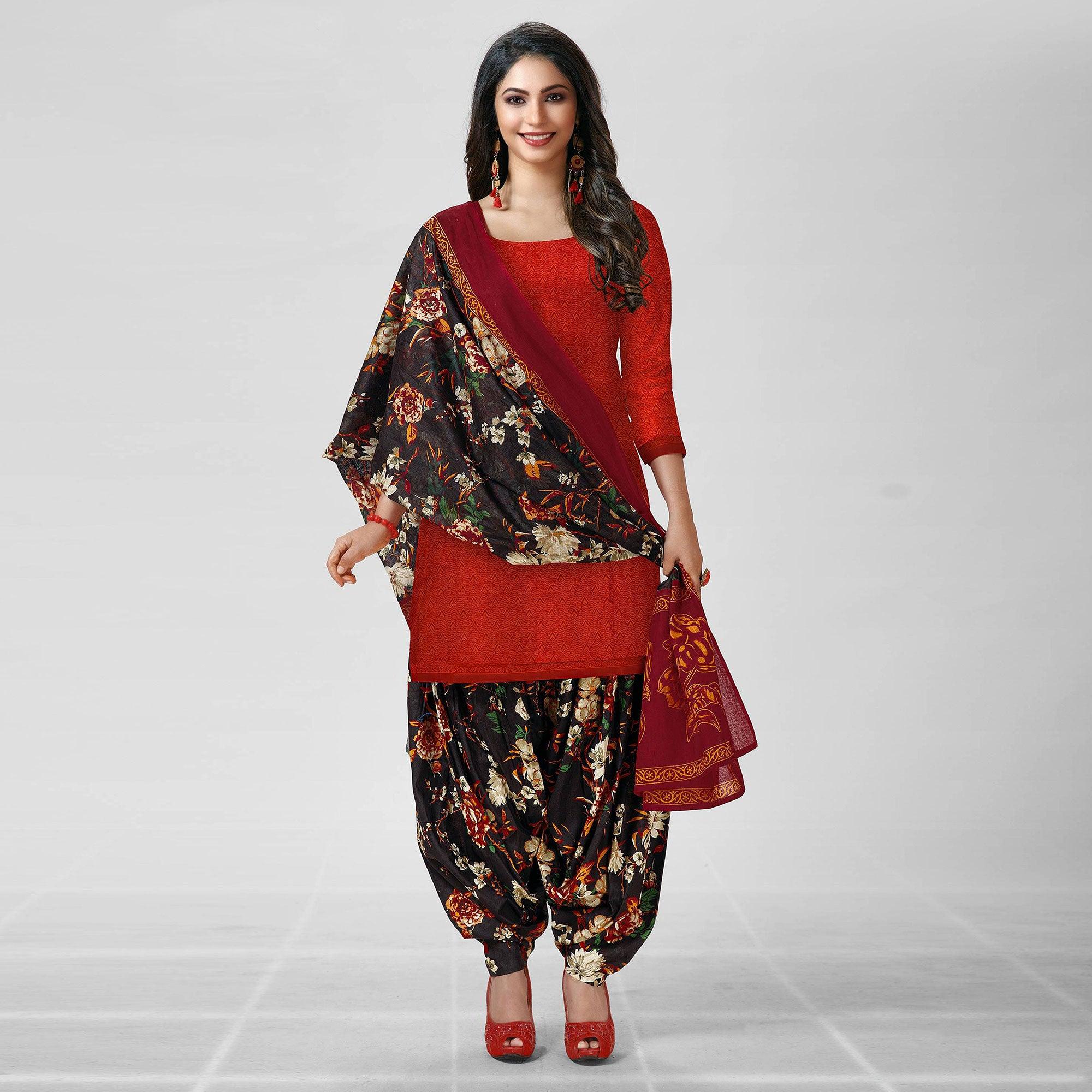 Red Casual Wear Printed Cotton Patiala Dress Material - Peachmode