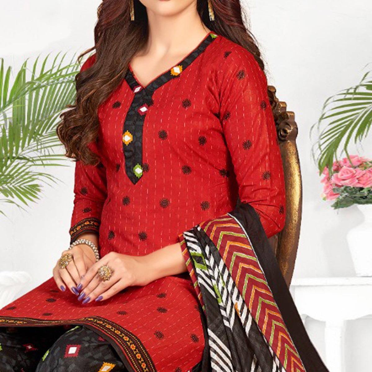 Red Casual Wear Printed Cotton Patiala Dress Material - Peachmode