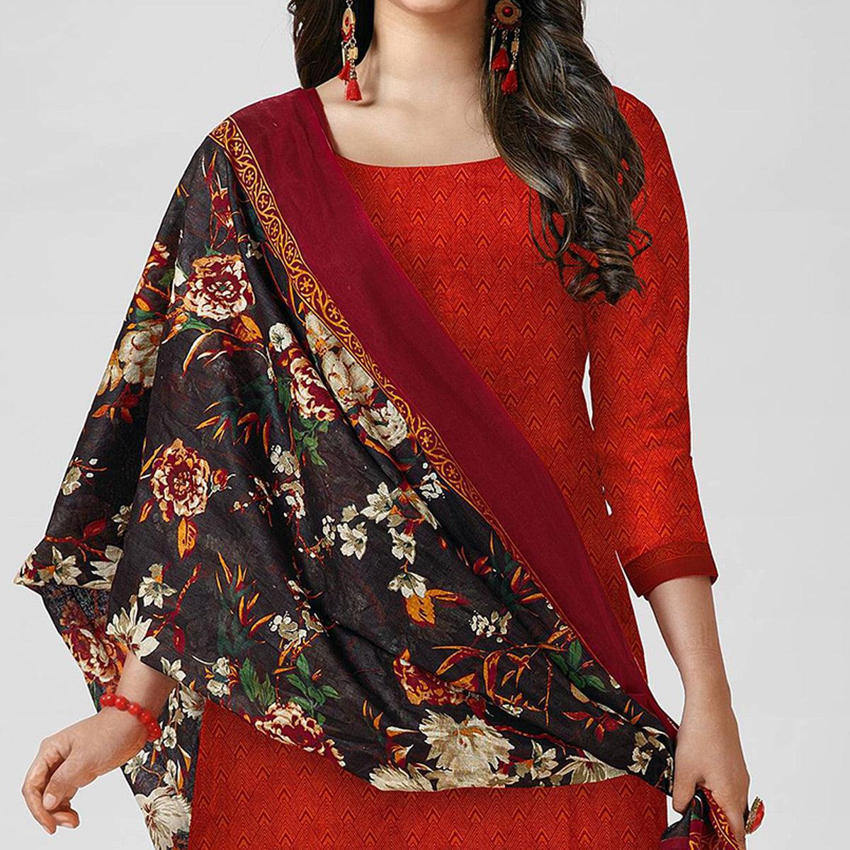 Red Casual Wear Printed Cotton Patiala Dress Material - Peachmode