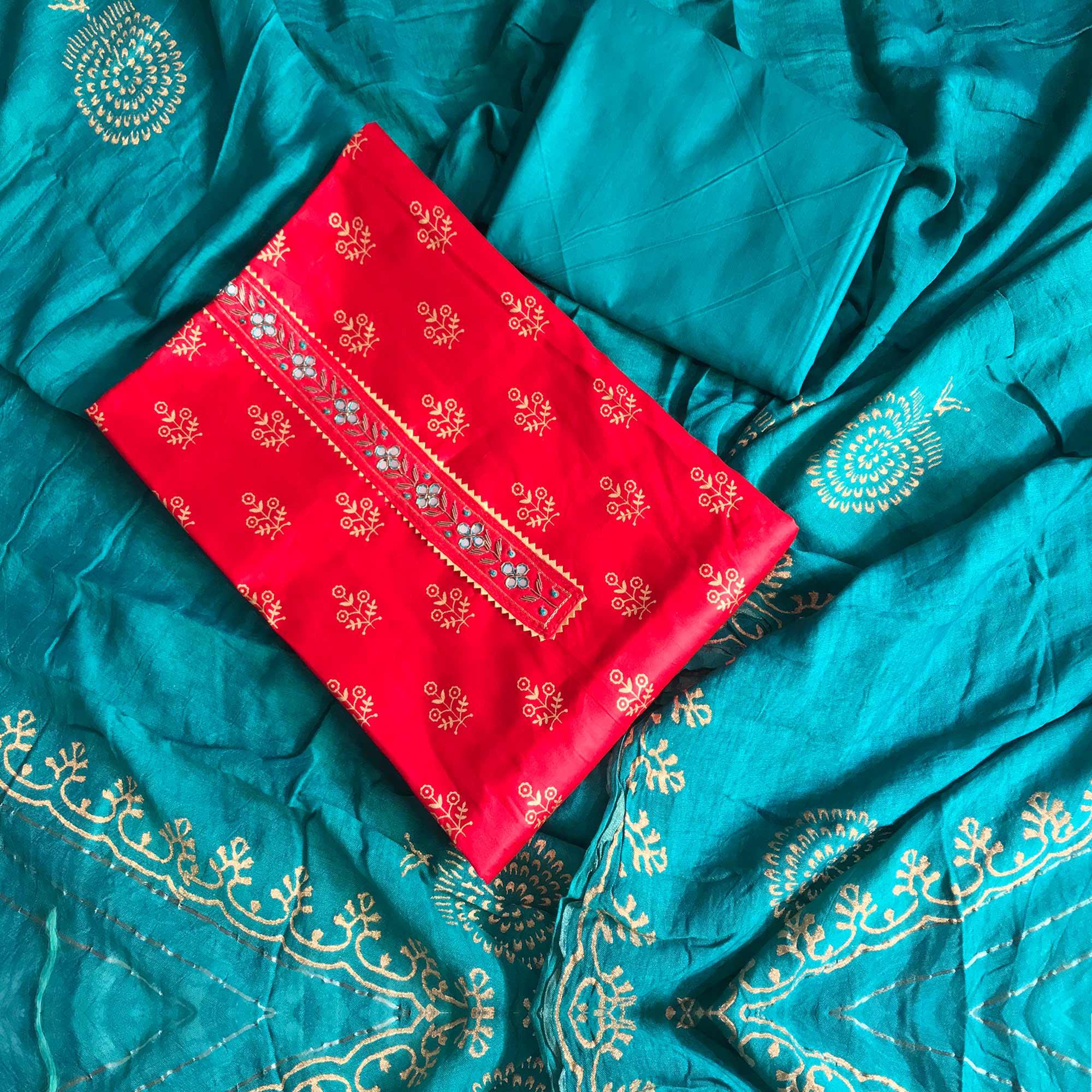 Red Casual Wear Printed Cotton Silk Dress Material - Peachmode