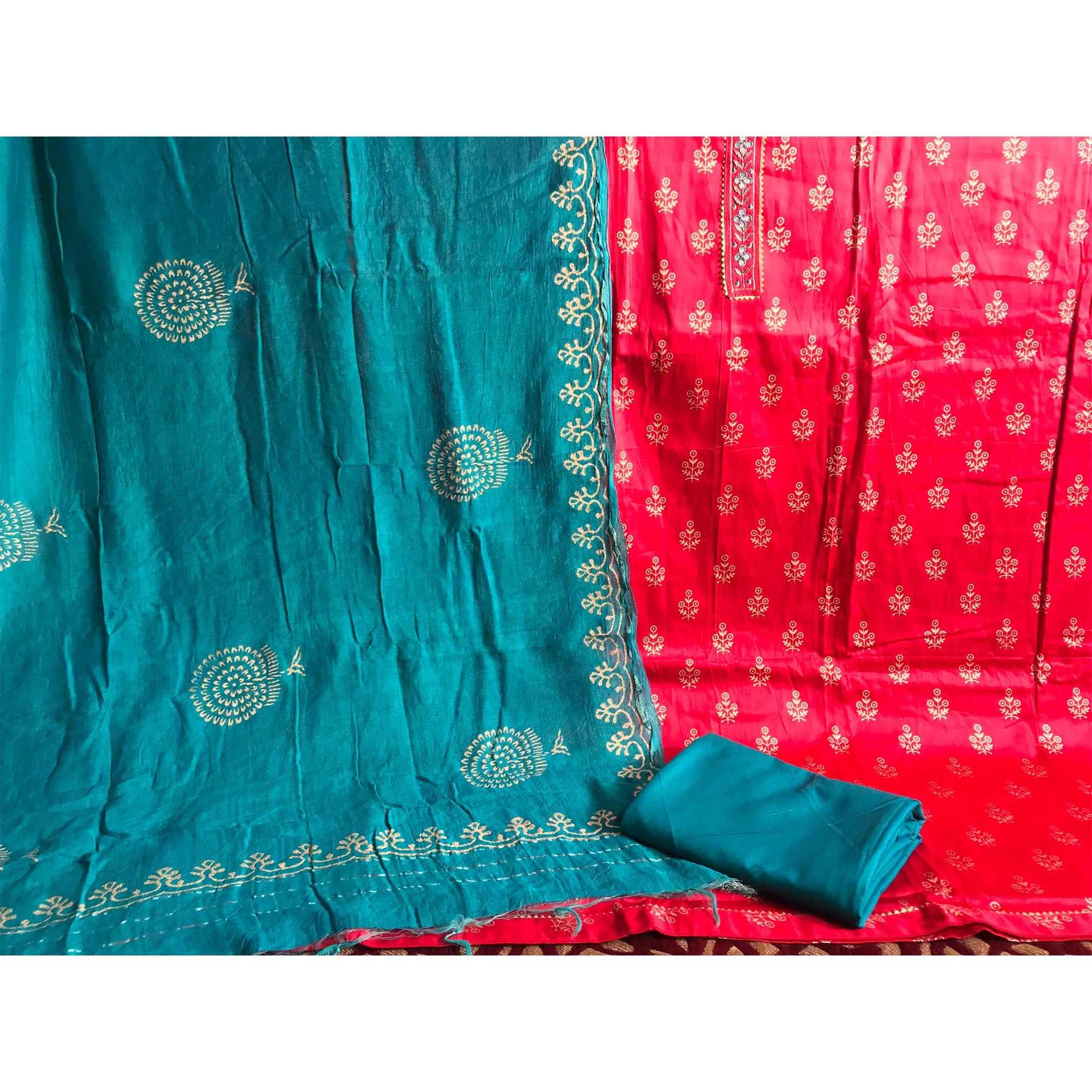 Red Casual Wear Printed Cotton Silk Dress Material - Peachmode