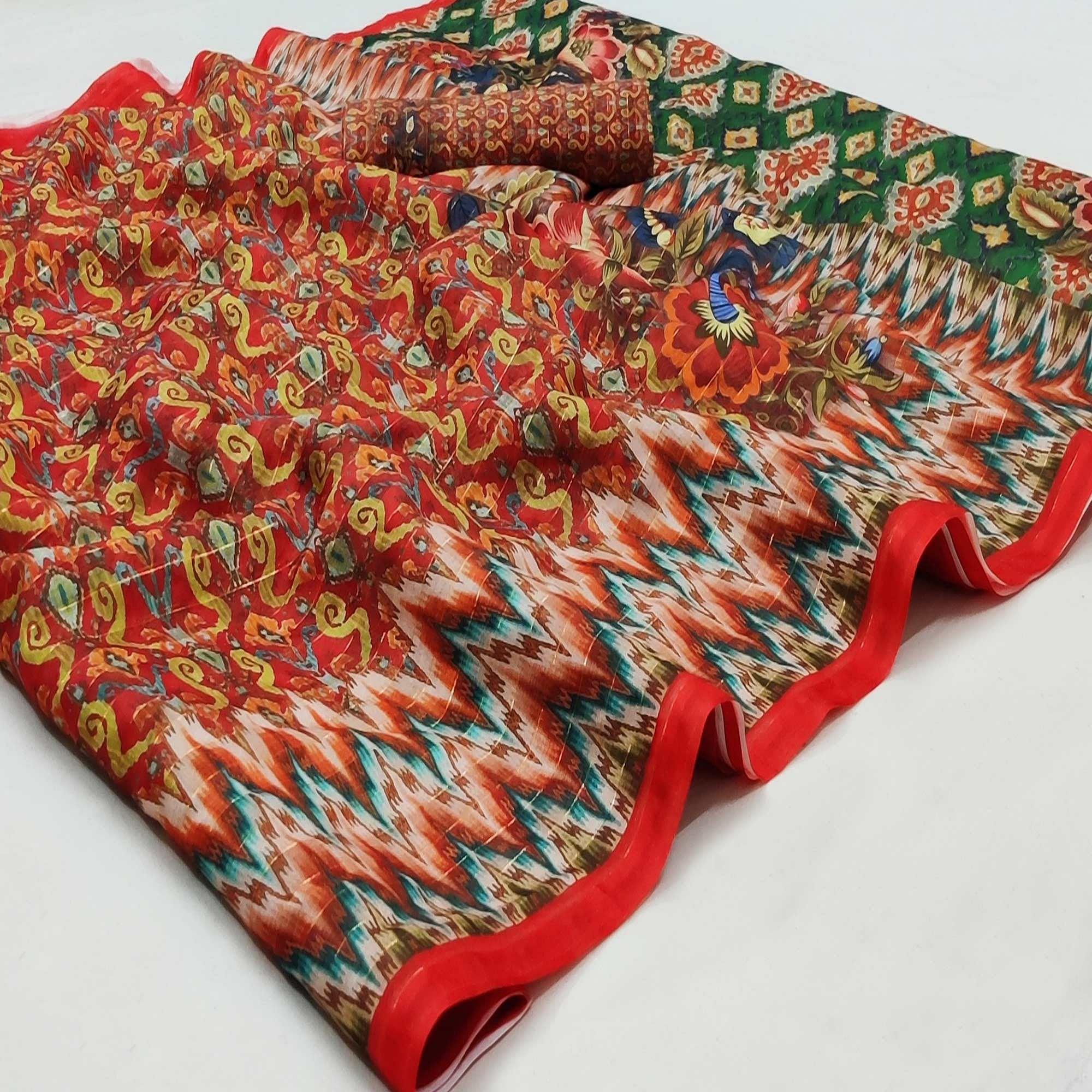Red Casual Wear Printed Cotton Silk Saree - Peachmode