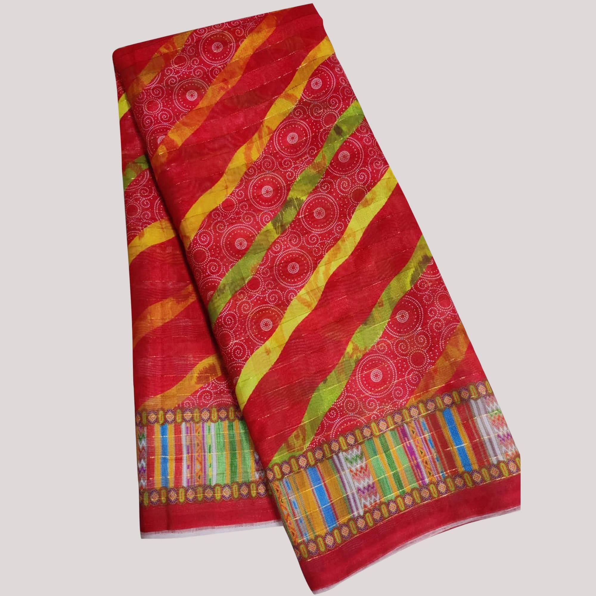 Red Casual Wear Printed Cotton Silk Saree - Peachmode