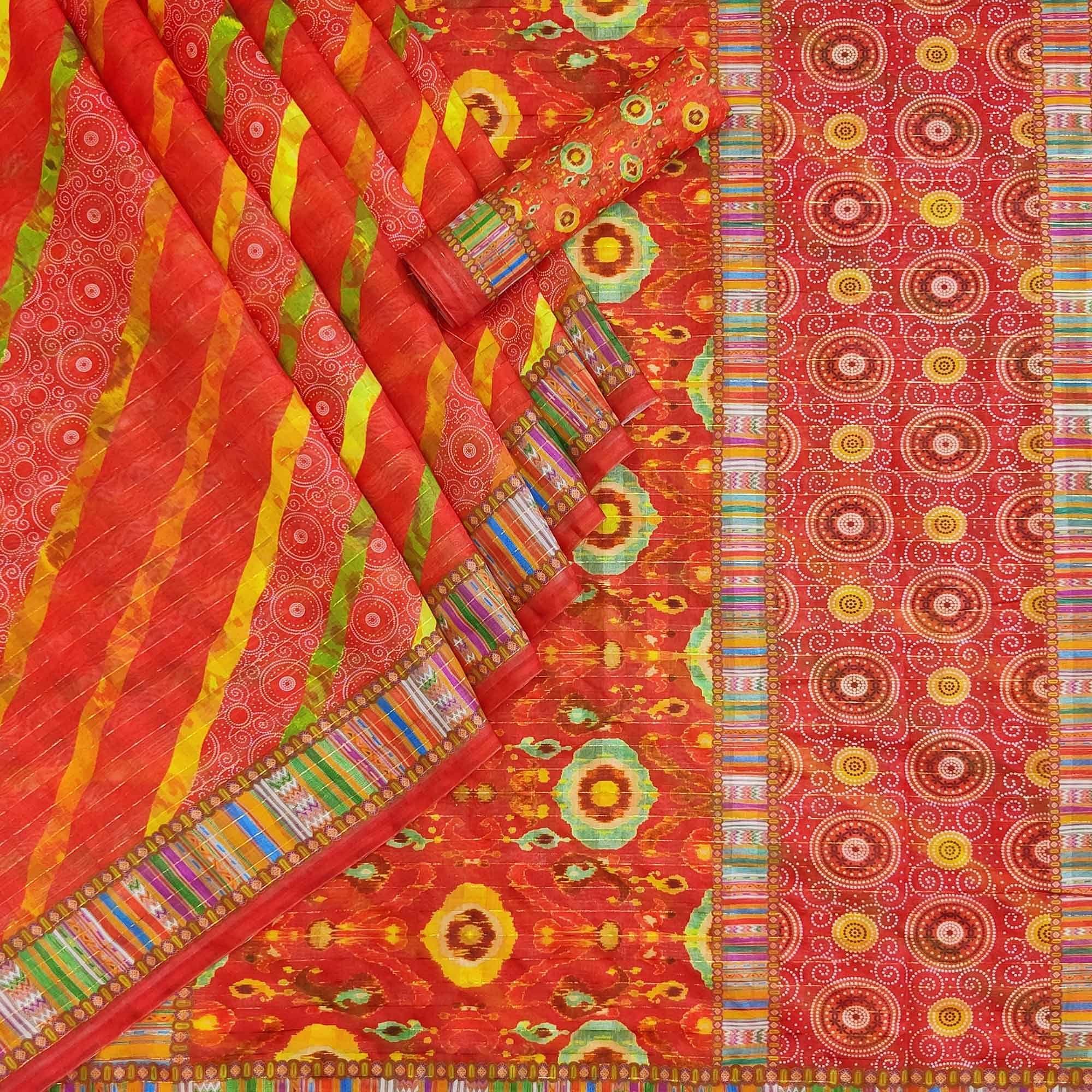 Red Casual Wear Printed Cotton Silk Saree - Peachmode
