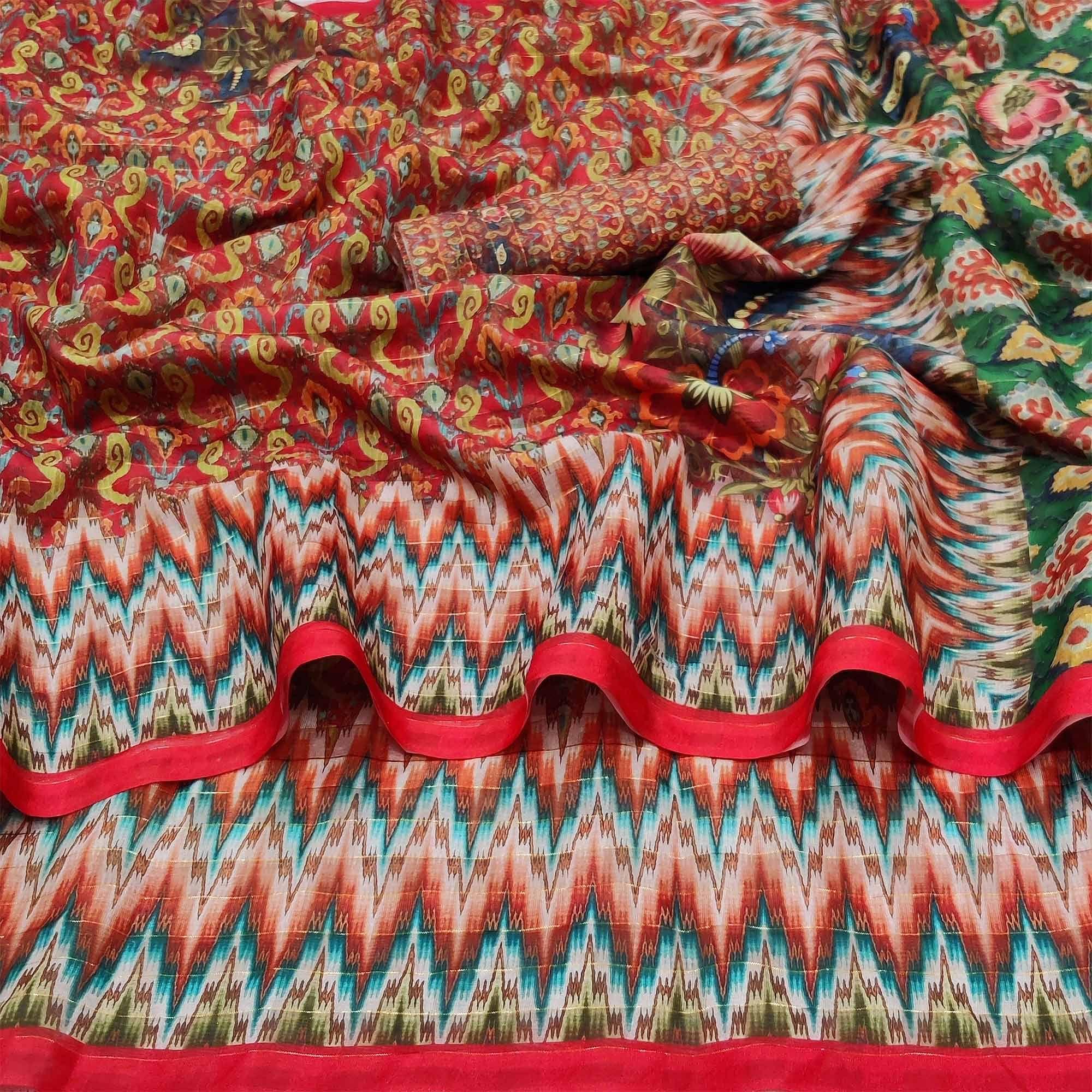 Red Casual Wear Printed Cotton Silk Saree - Peachmode