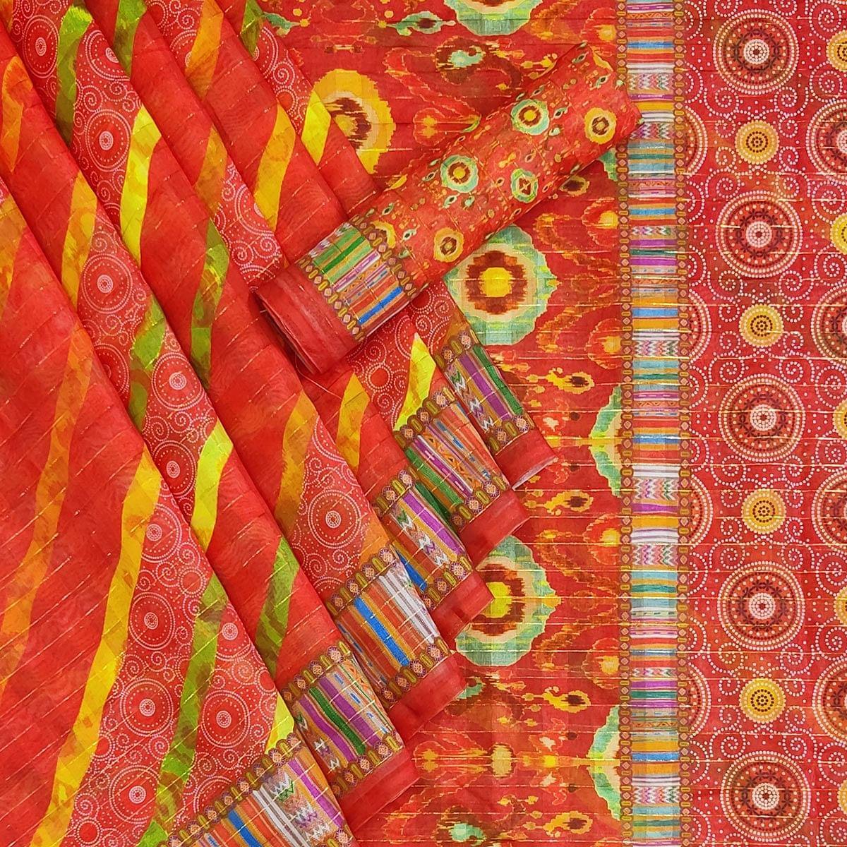 Red Casual Wear Printed Cotton Silk Saree - Peachmode