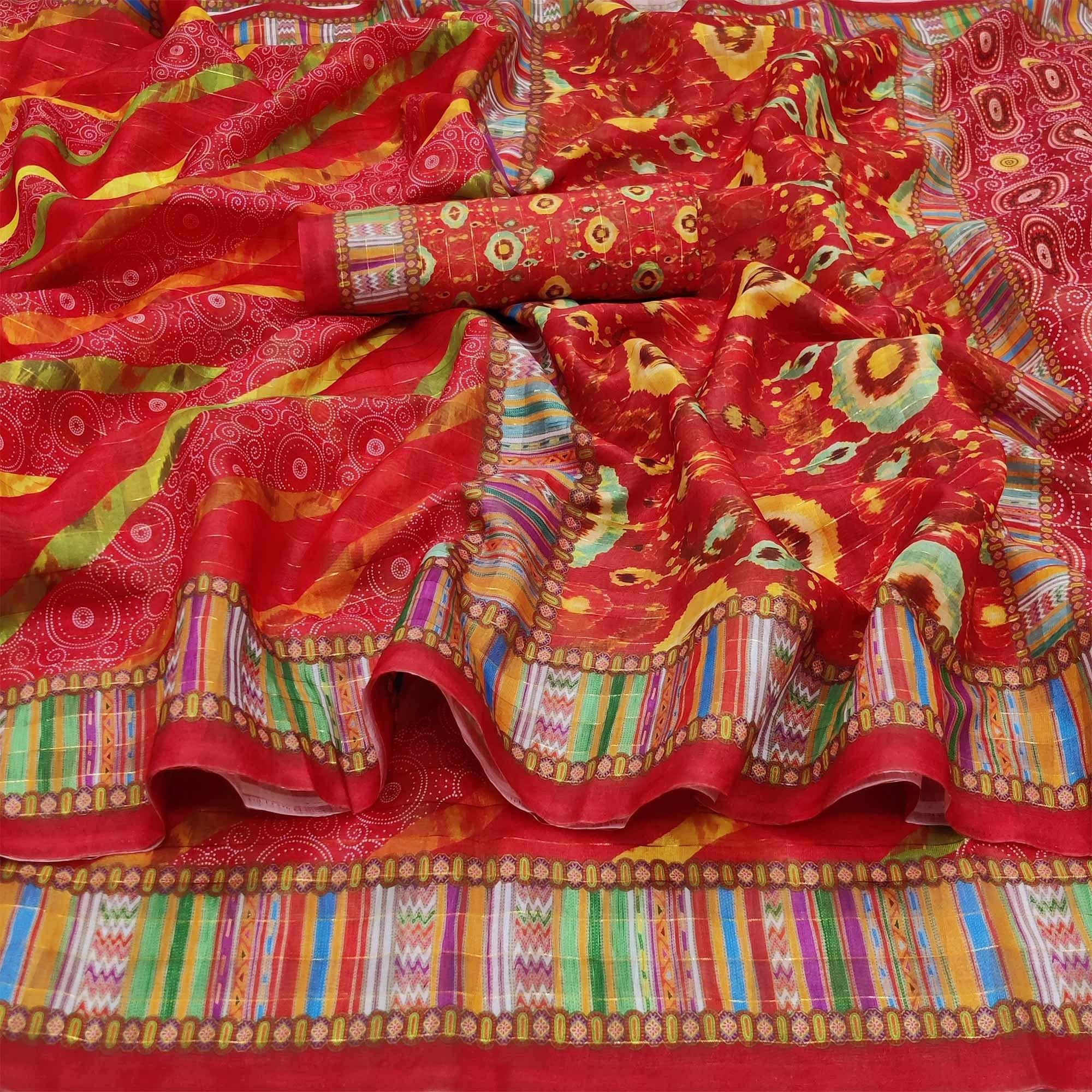 Red Casual Wear Printed Cotton Silk Saree - Peachmode