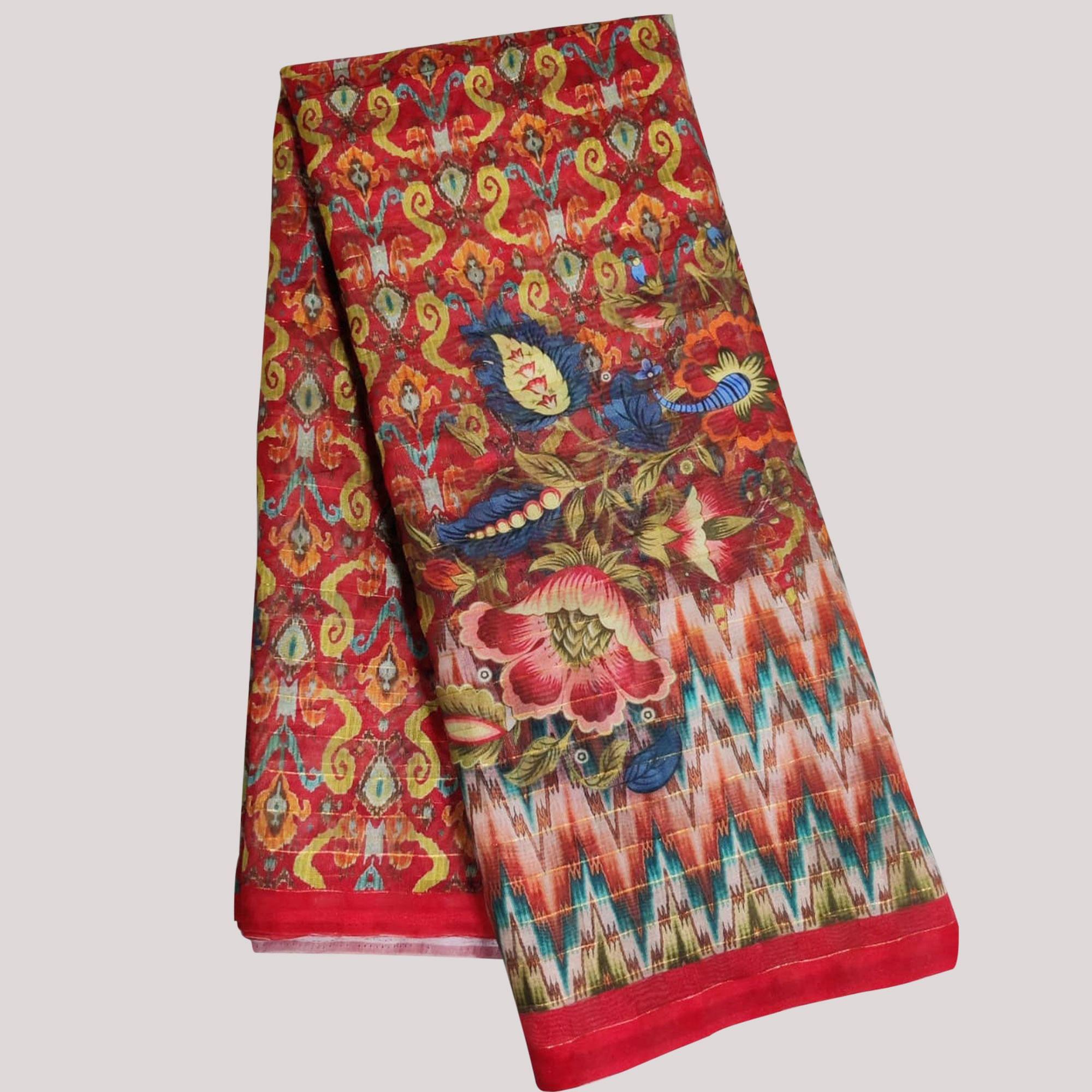 Red Casual Wear Printed Cotton Silk Saree - Peachmode