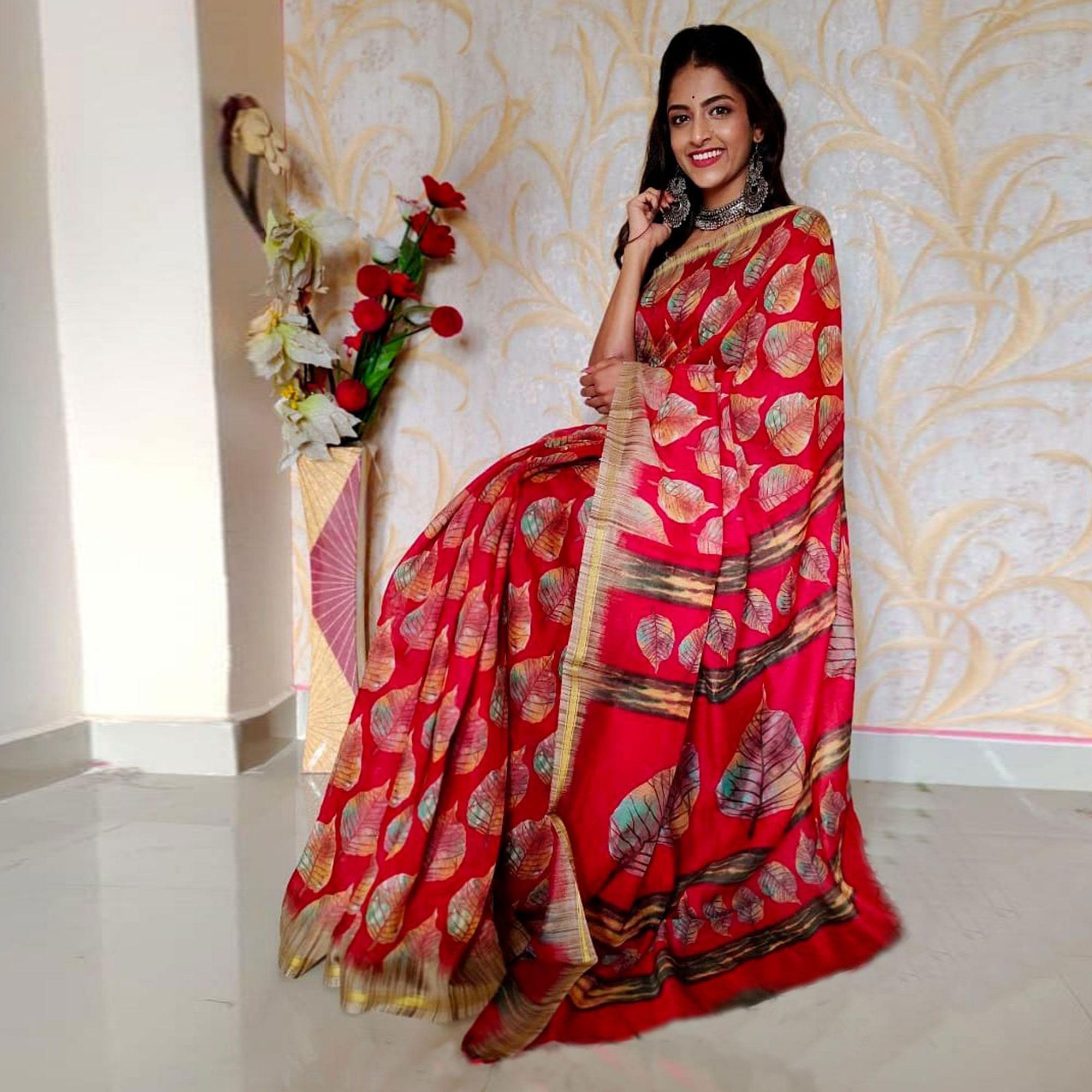 Red Casual Wear Printed Cotton Silk Saree - Peachmode