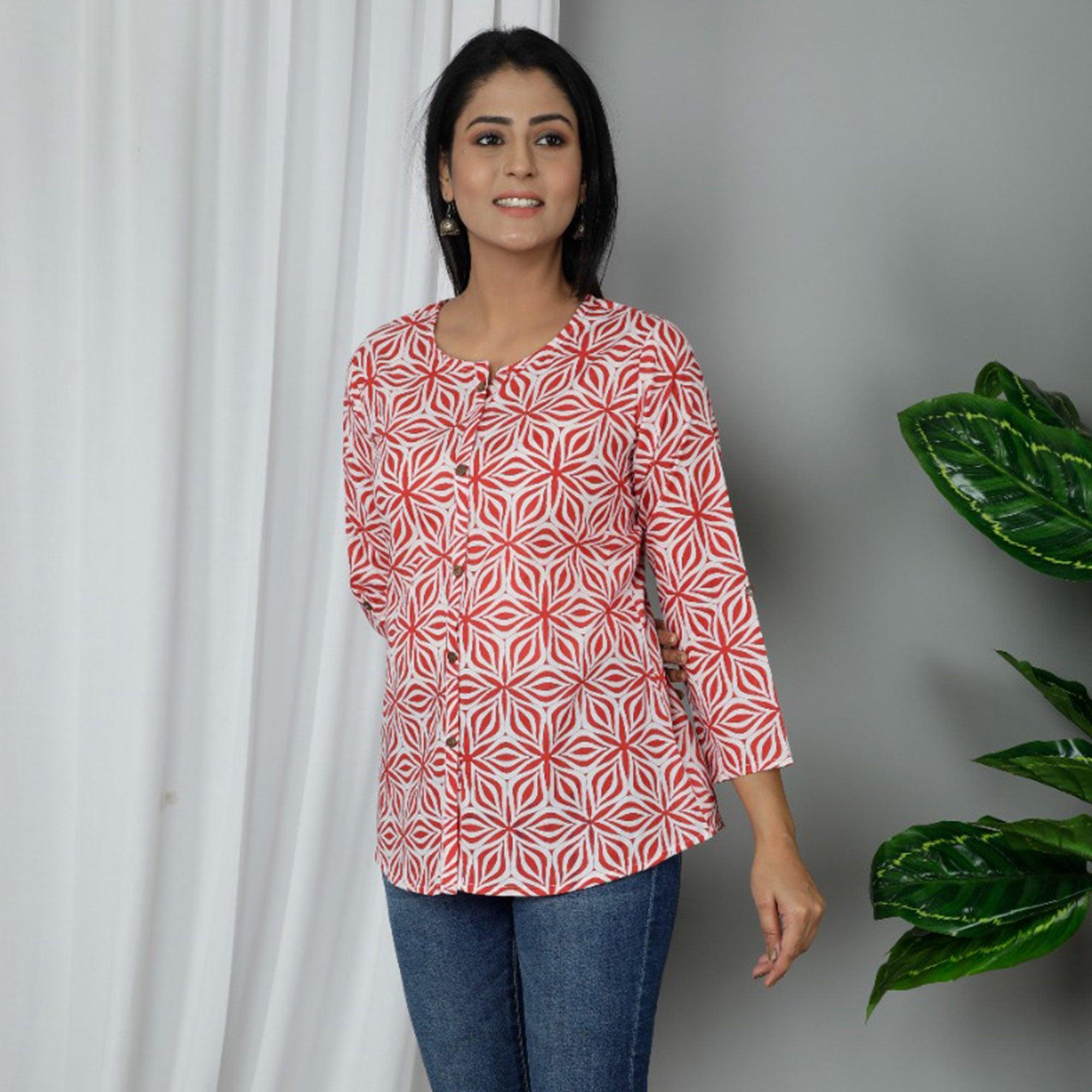 Red Casual Wear Printed Cotton Top - Peachmode