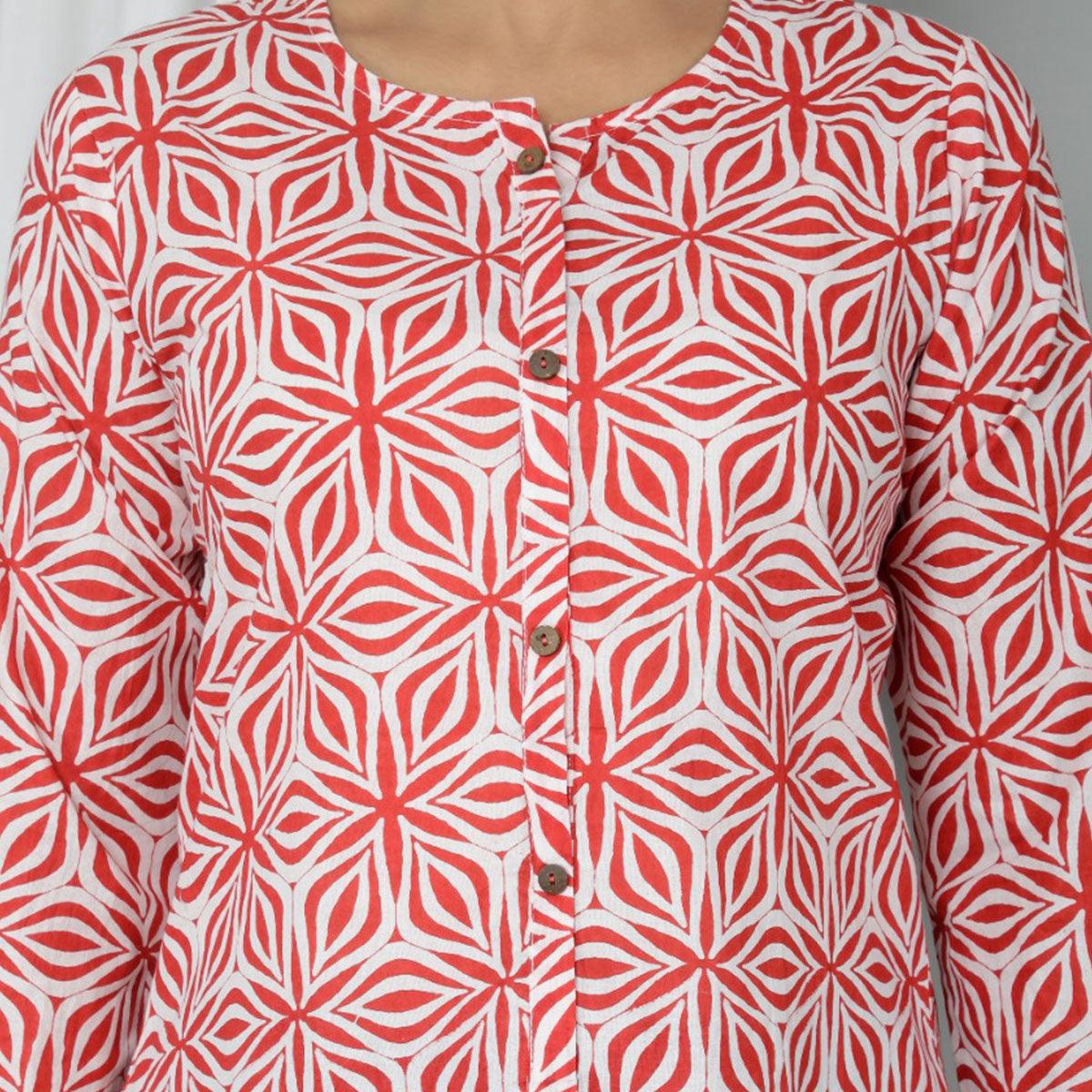Red Casual Wear Printed Cotton Top - Peachmode