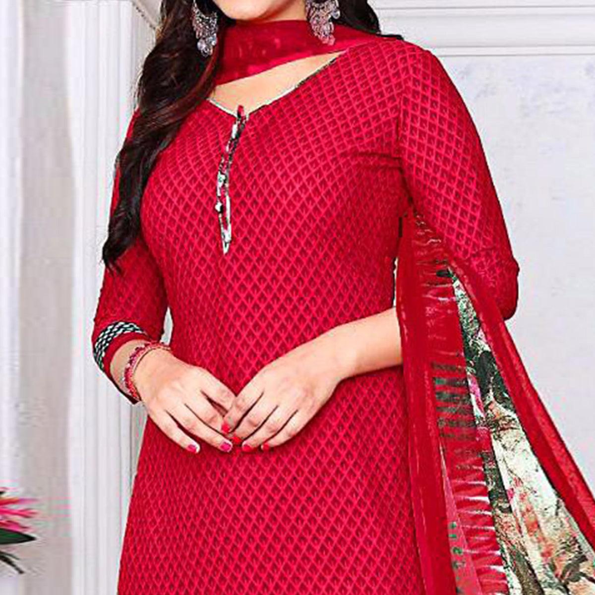 Red Casual Wear Printed Crepe Patiala Dress Material - Peachmode