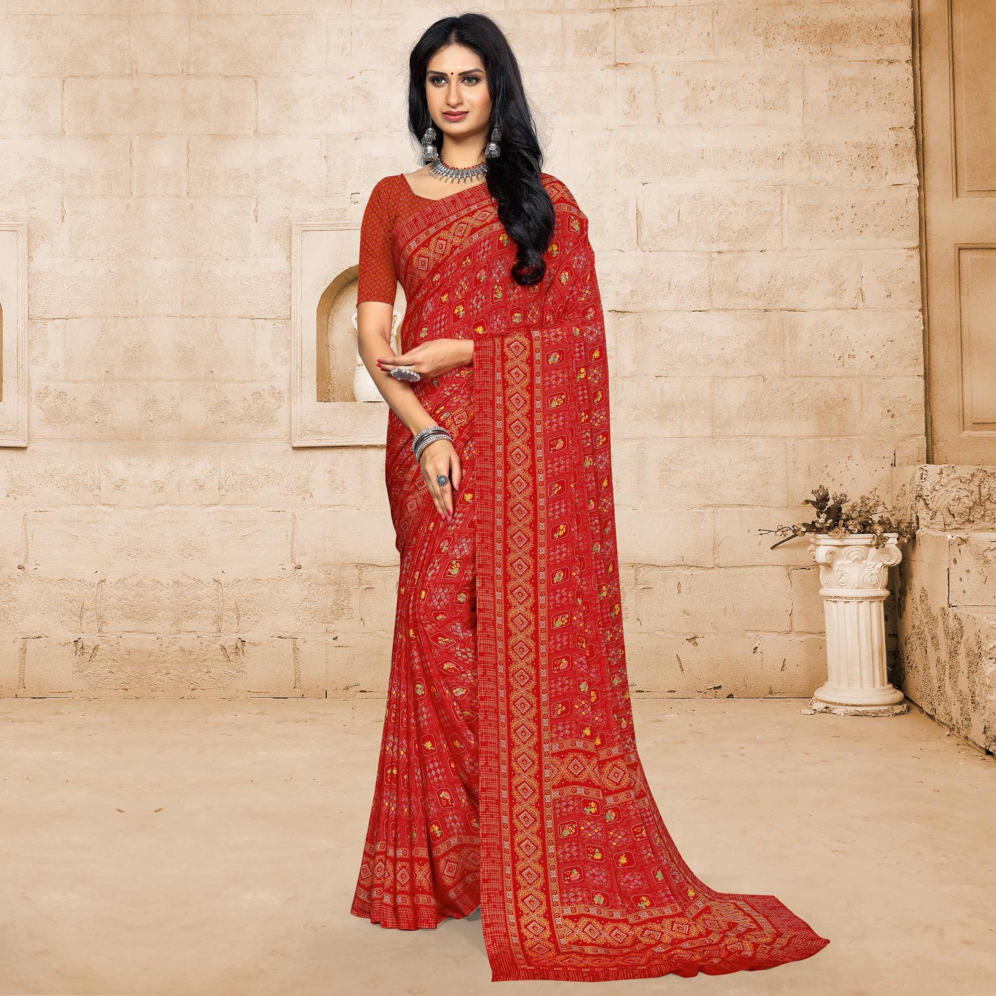 Red Casual Wear Printed Crepe Saree - Peachmode