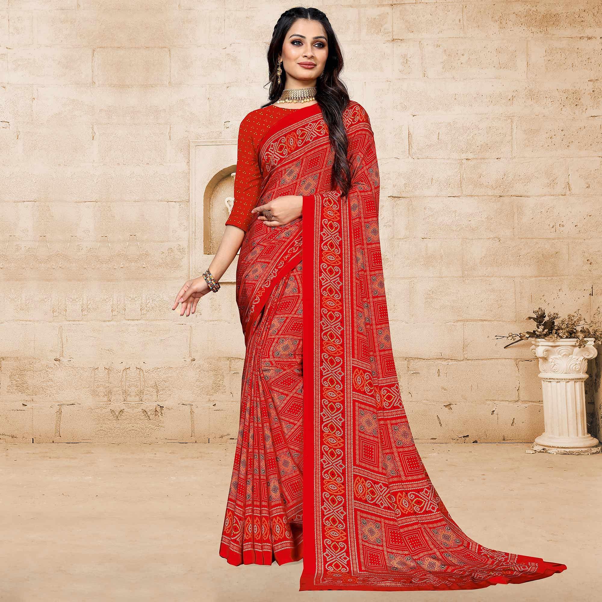 Red Casual Wear Printed Crepe Saree - Peachmode