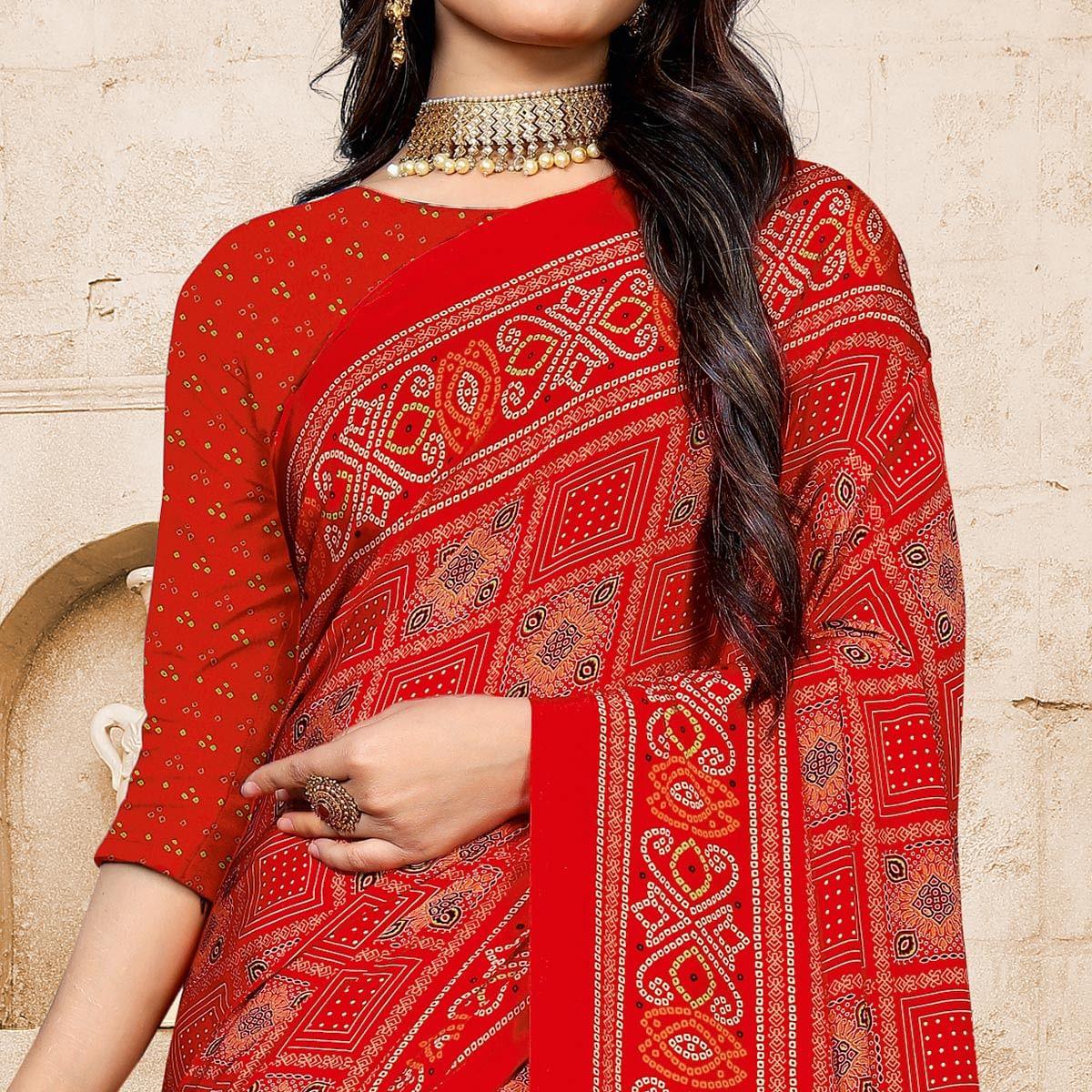 Red Casual Wear Printed Crepe Saree - Peachmode