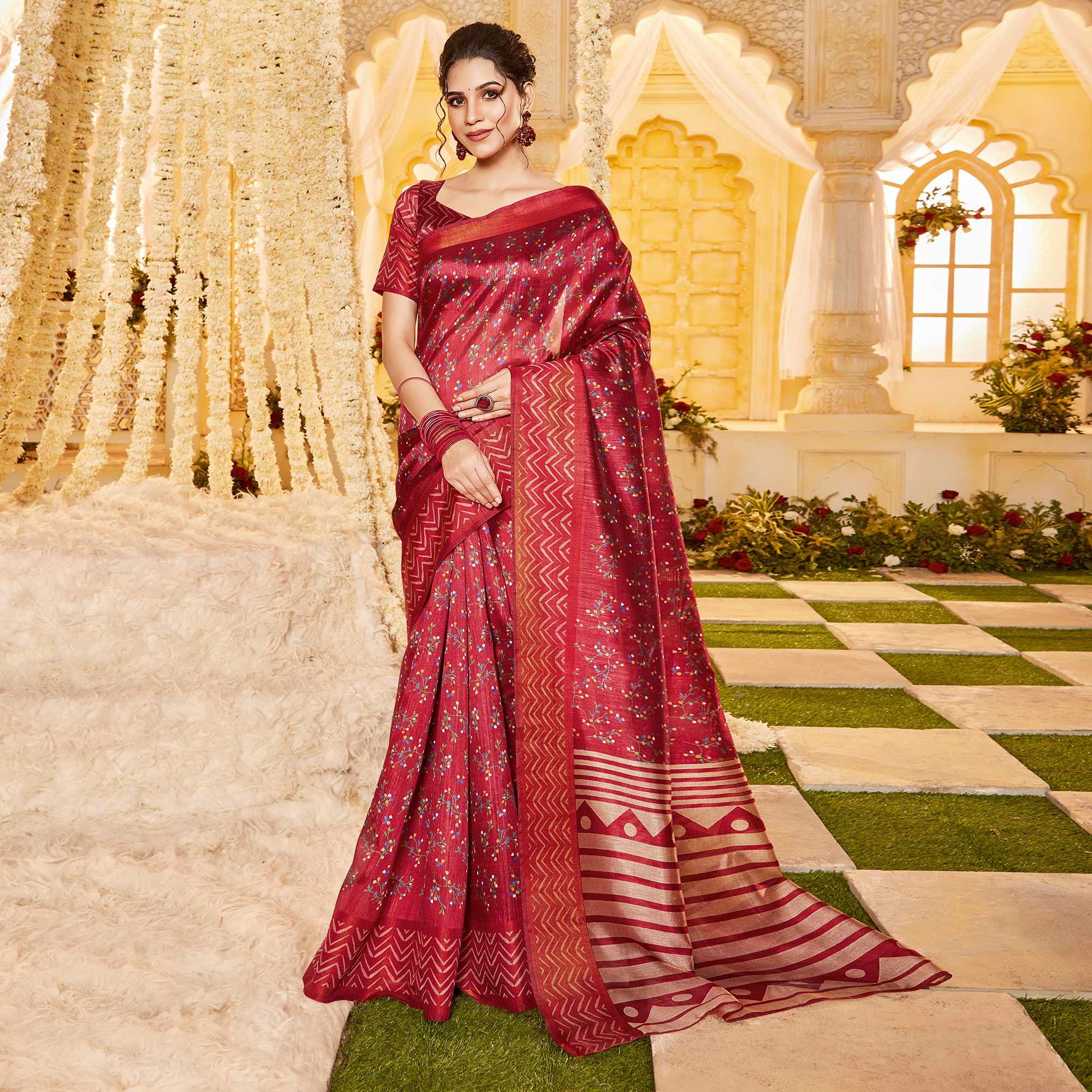 Red Casual Wear Printed Crystal Silk Saree - Peachmode
