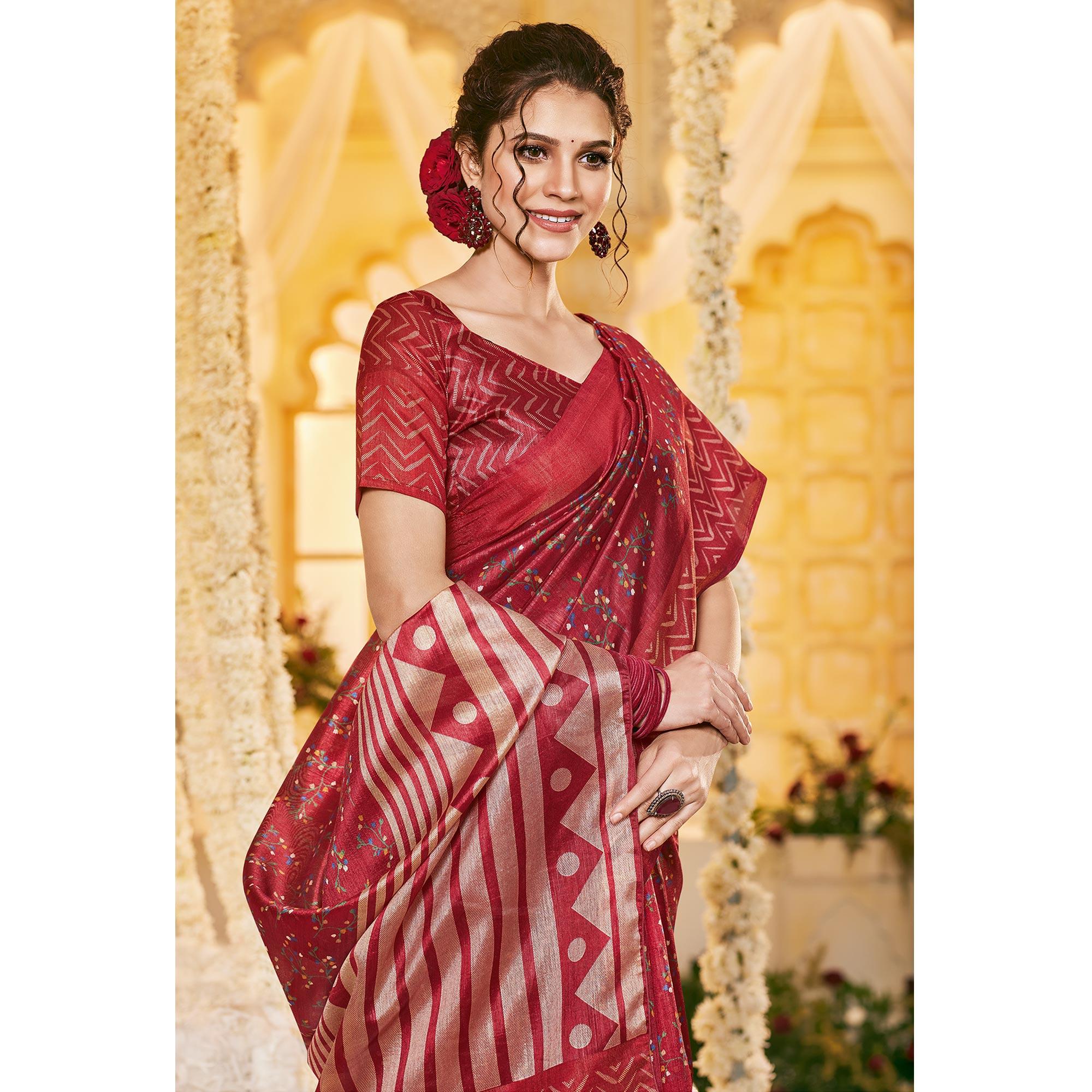 Red Casual Wear Printed Crystal Silk Saree - Peachmode