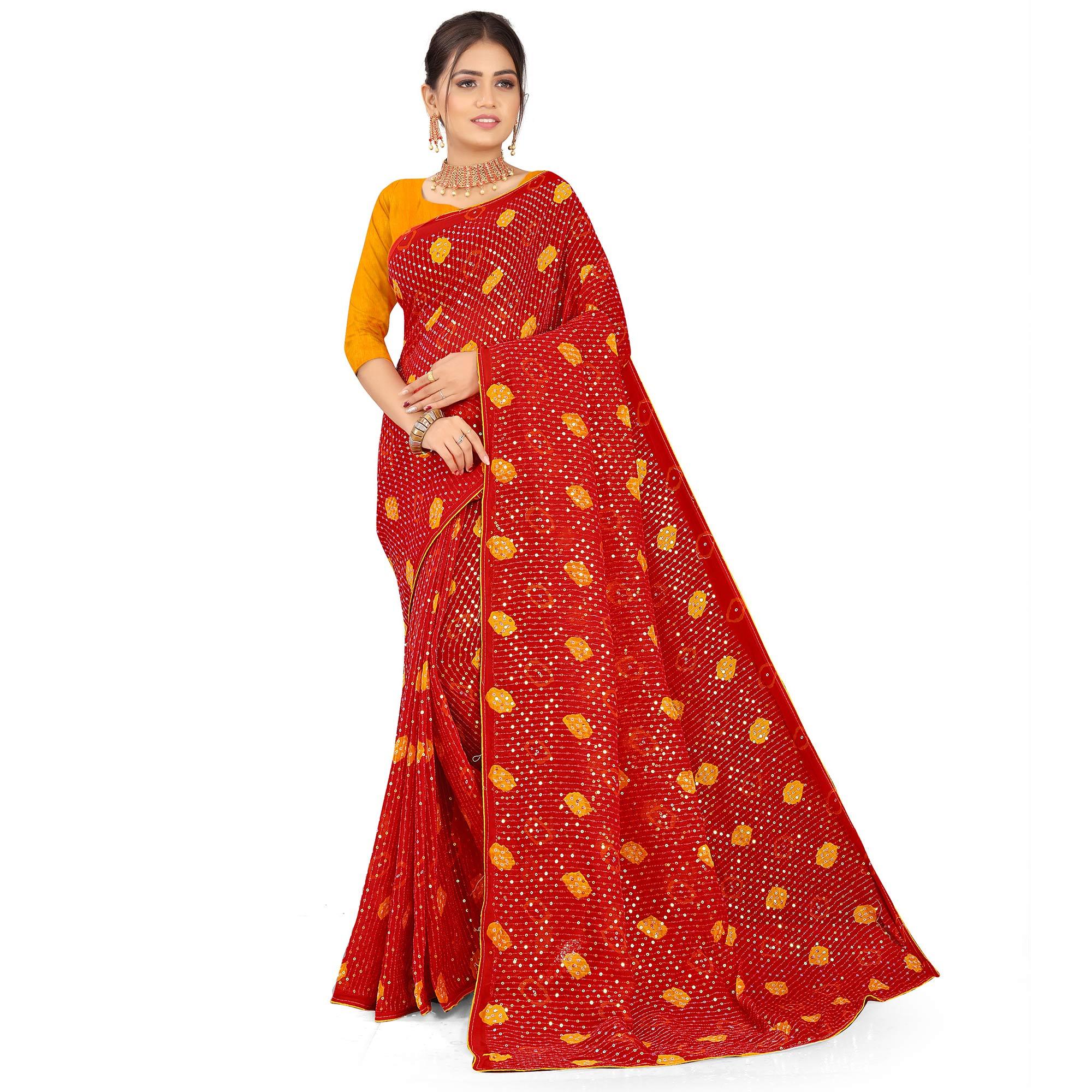 Red Casual Wear Printed Georgette Saree - Peachmode