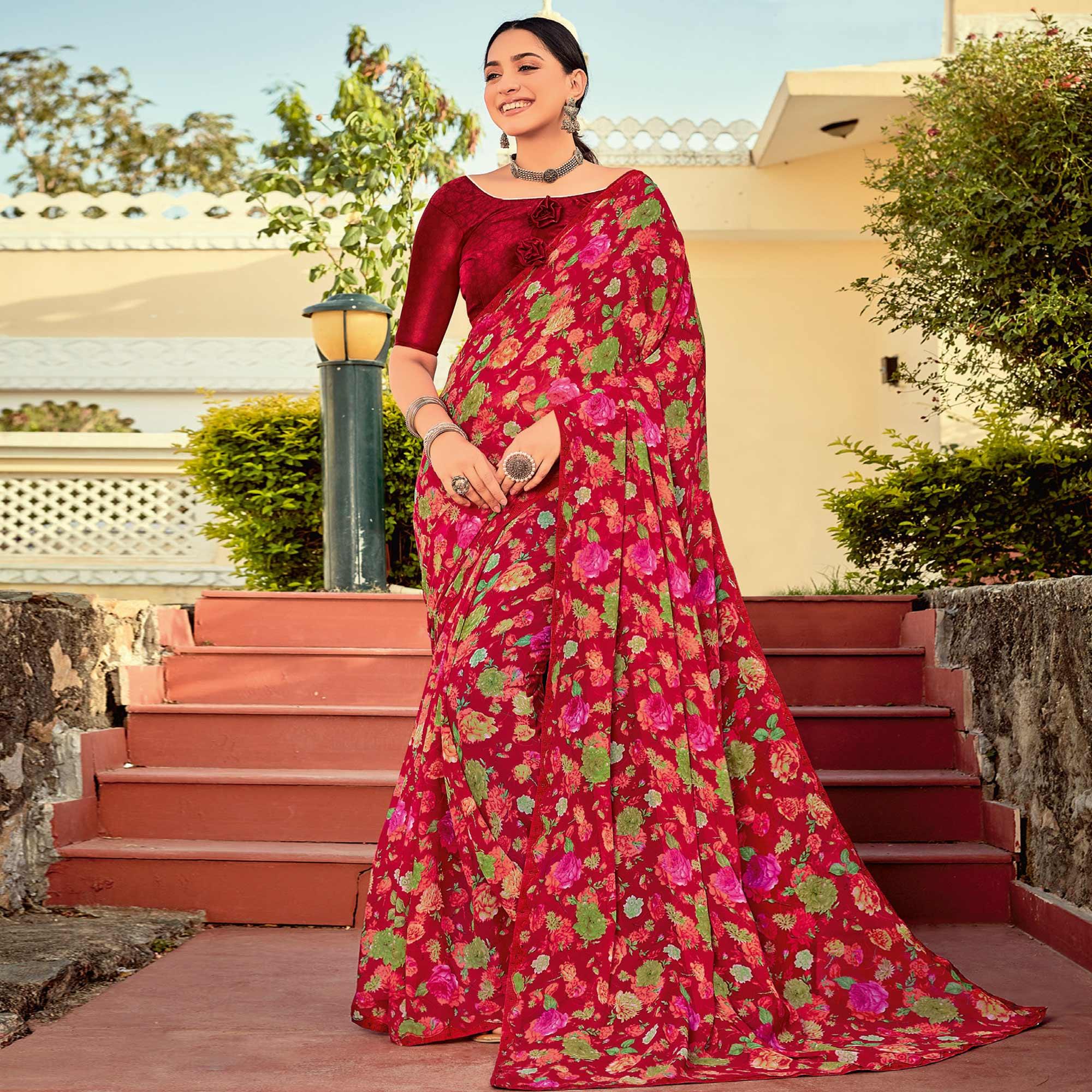 Red Casual Wear Printed Georgette Saree - Peachmode