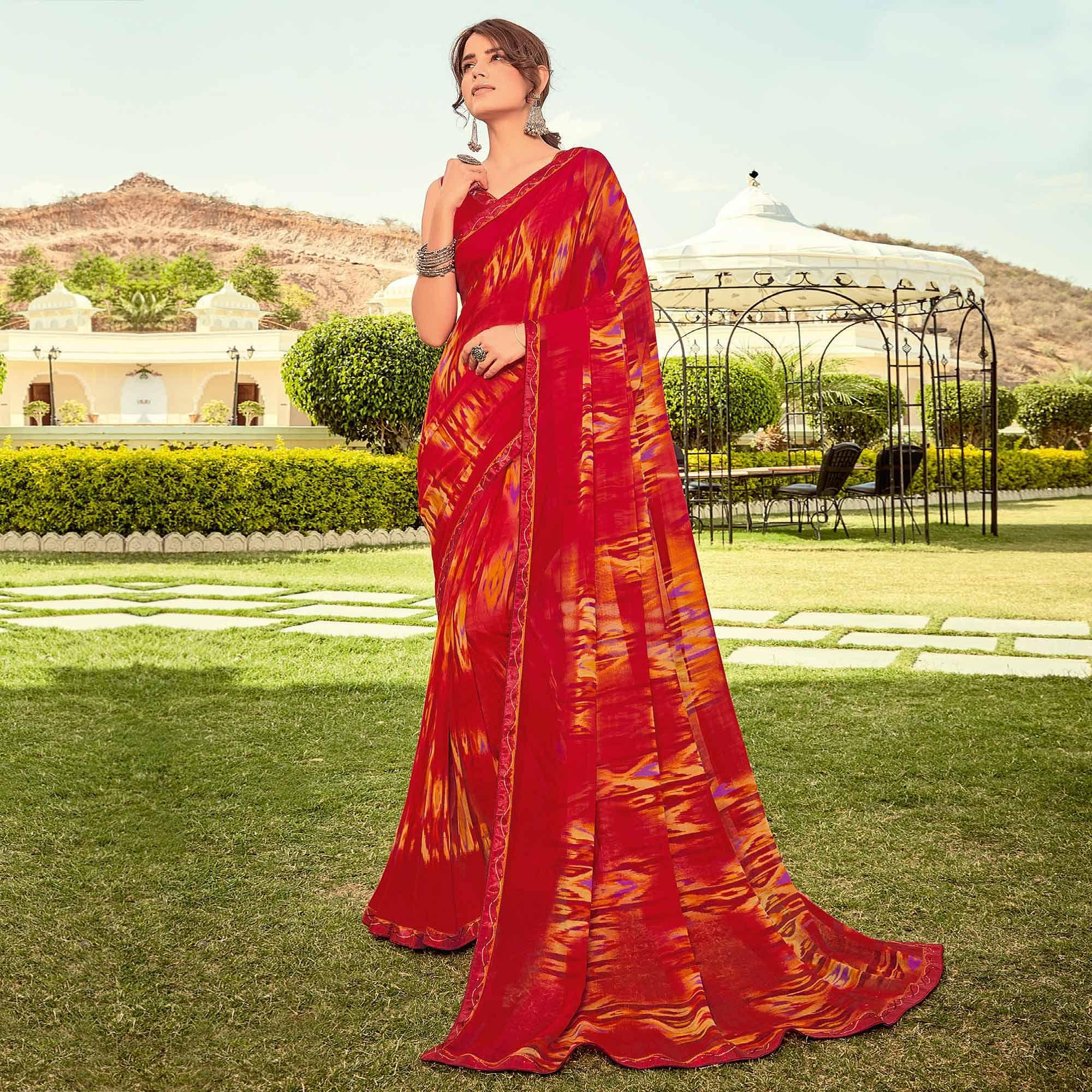 Red Casual Wear Printed Georgette Saree - Peachmode