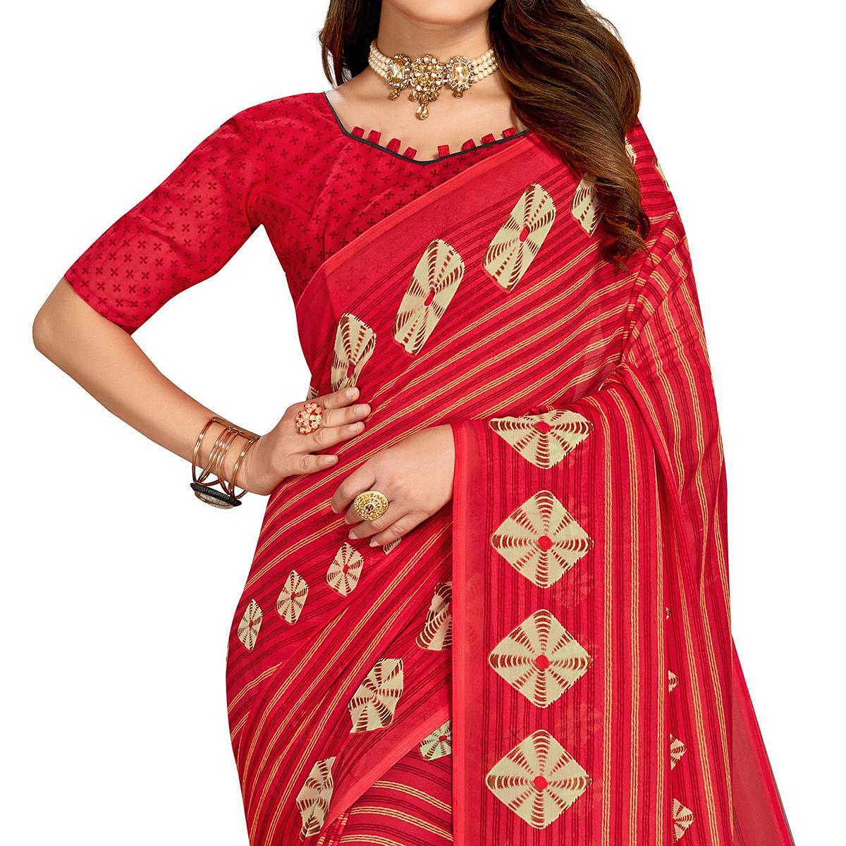 Red Casual Wear Printed Georgette Saree - Peachmode