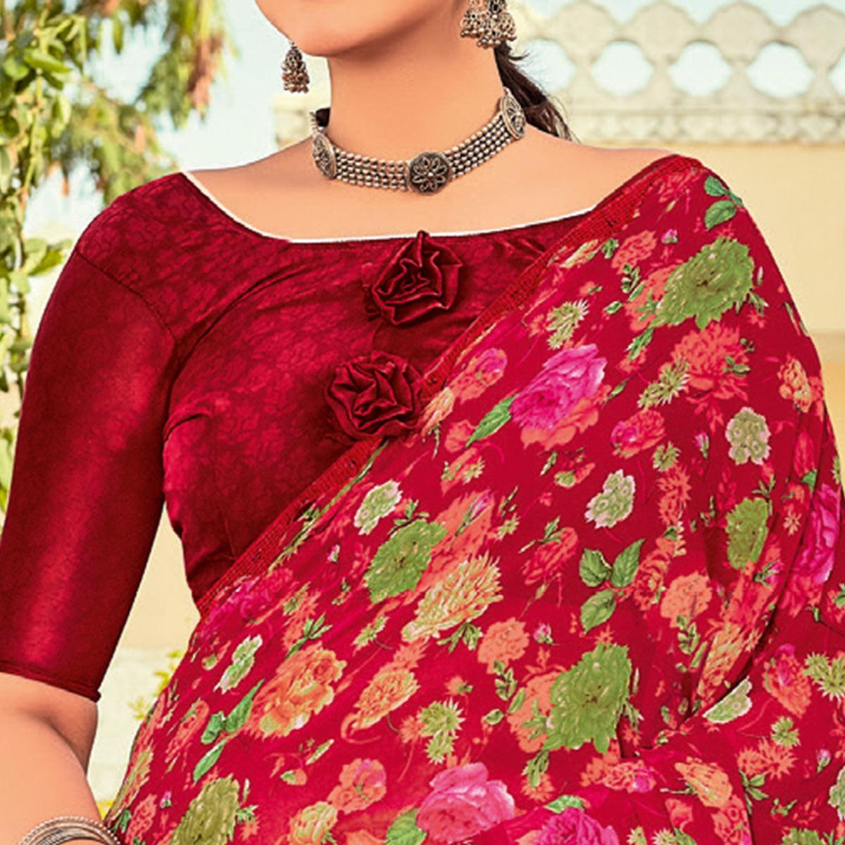 Red Casual Wear Printed Georgette Saree - Peachmode