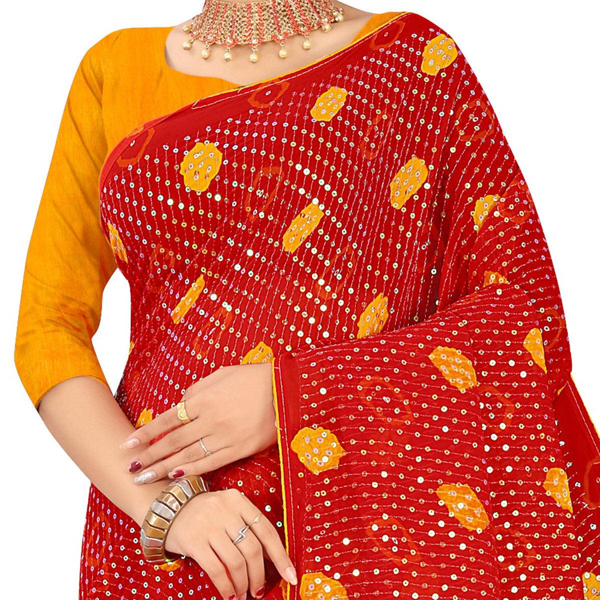 Red Casual Wear Printed Georgette Saree - Peachmode