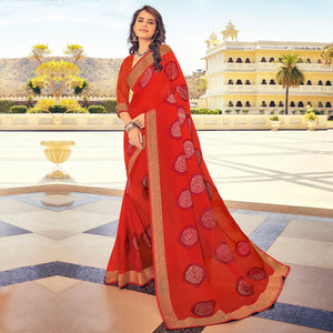 Red Casual Wear Printed Georgette Saree With Border - Peachmode