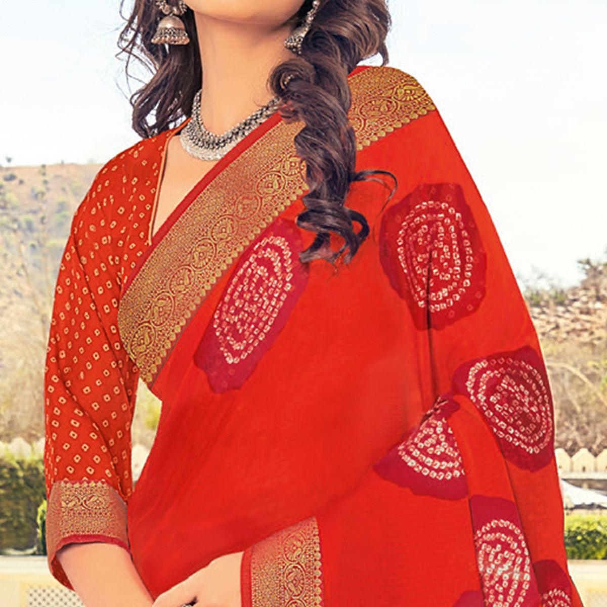 Red Casual Wear Printed Georgette Saree With Border - Peachmode