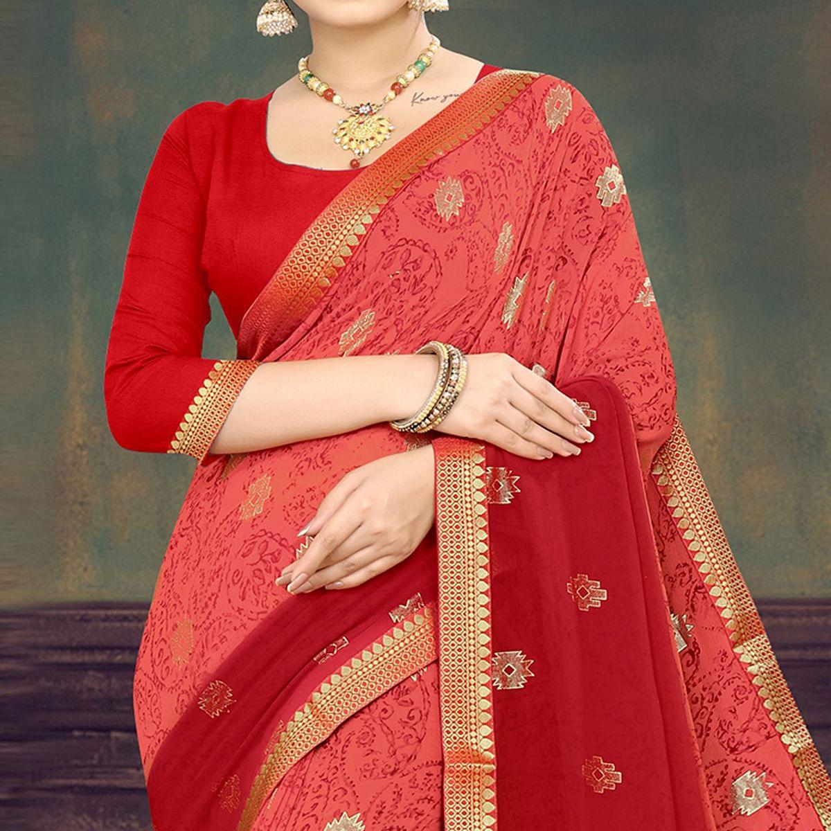 Red Casual Wear Printed Half Half Georgette Designer Saree - Peachmode