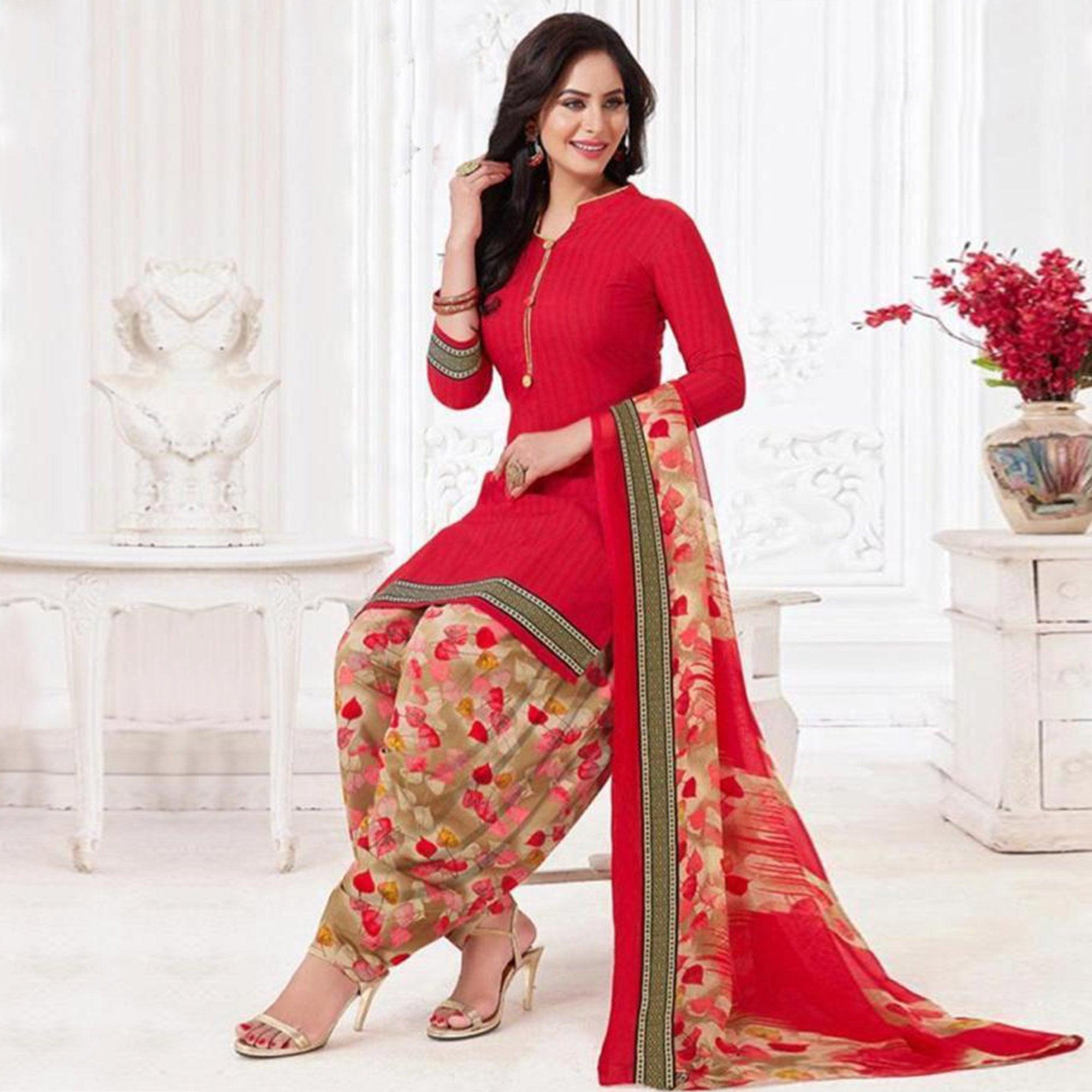 Red Casual Wear Printed Leon Patiala Dress Material - Peachmode