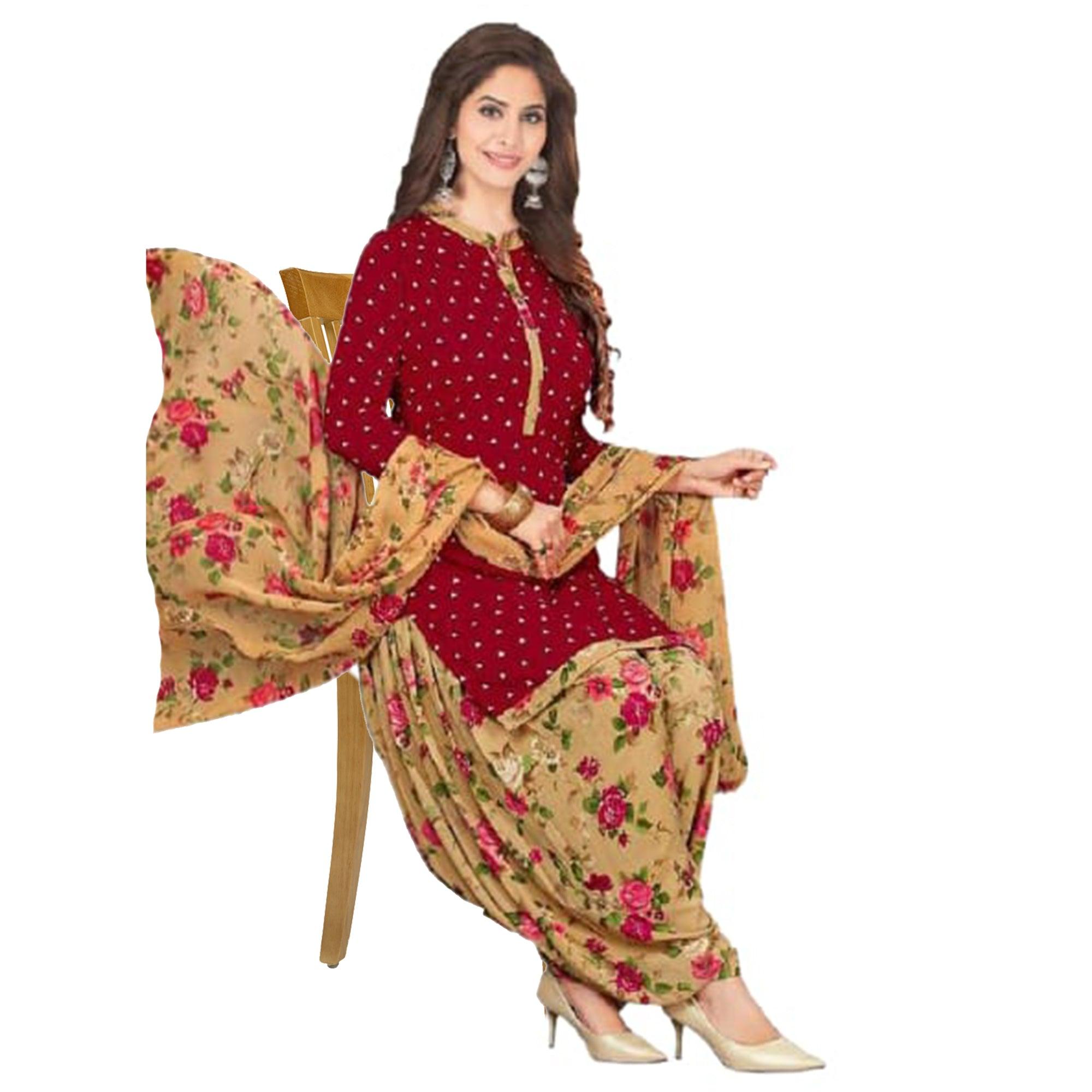 Red Casual Wear Printed Leon Patiala Dress Material