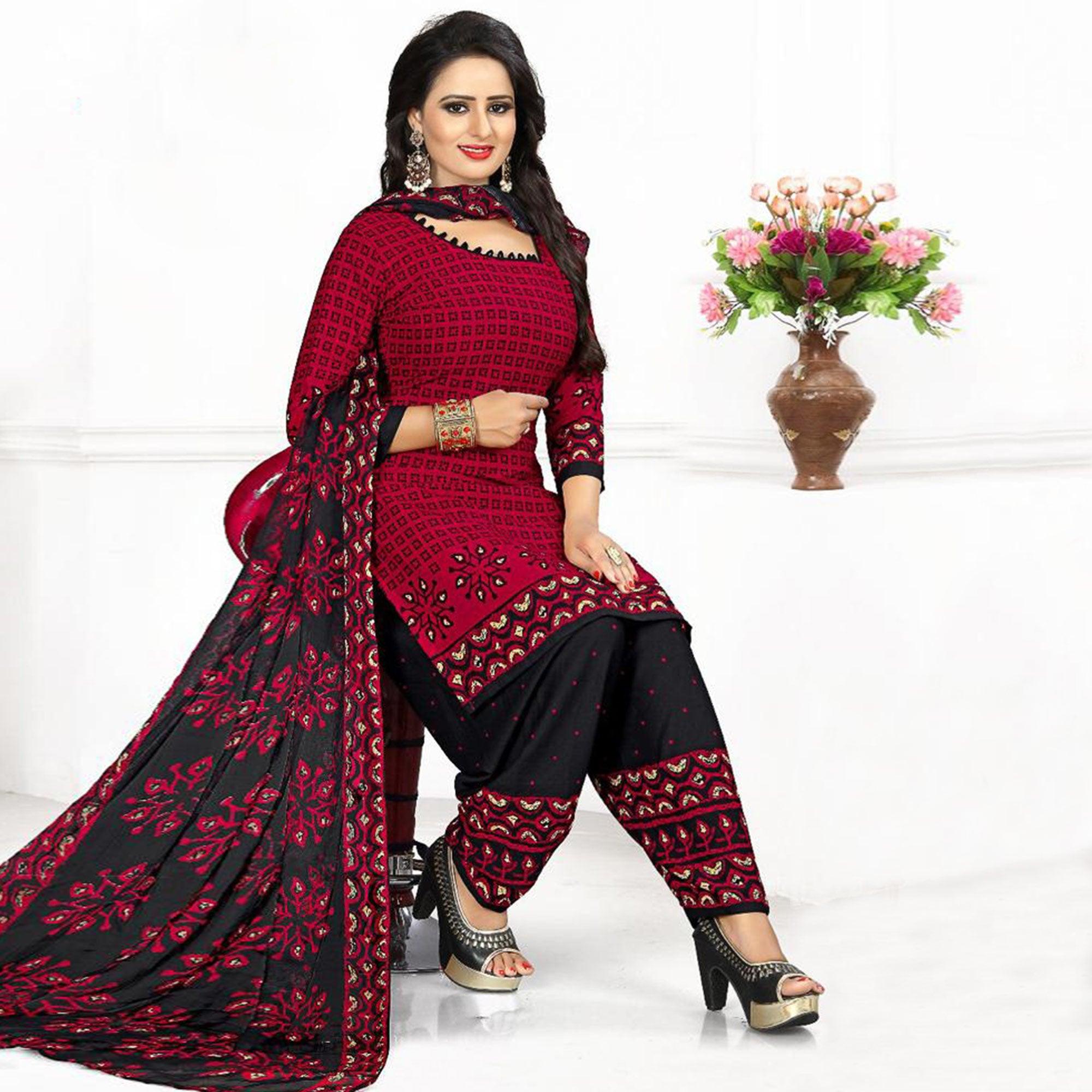 Red Casual Wear Printed Leon Patiala Dress Material - Peachmode