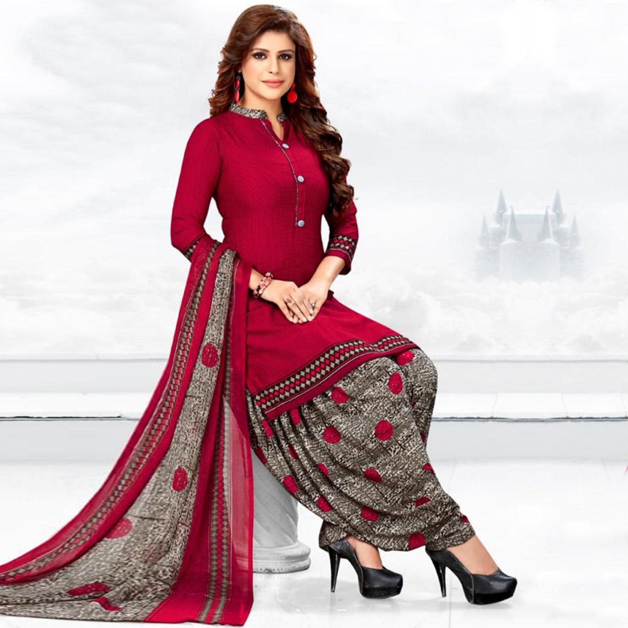 Red Casual Wear Printed Leon Patiala Dress Material - Peachmode