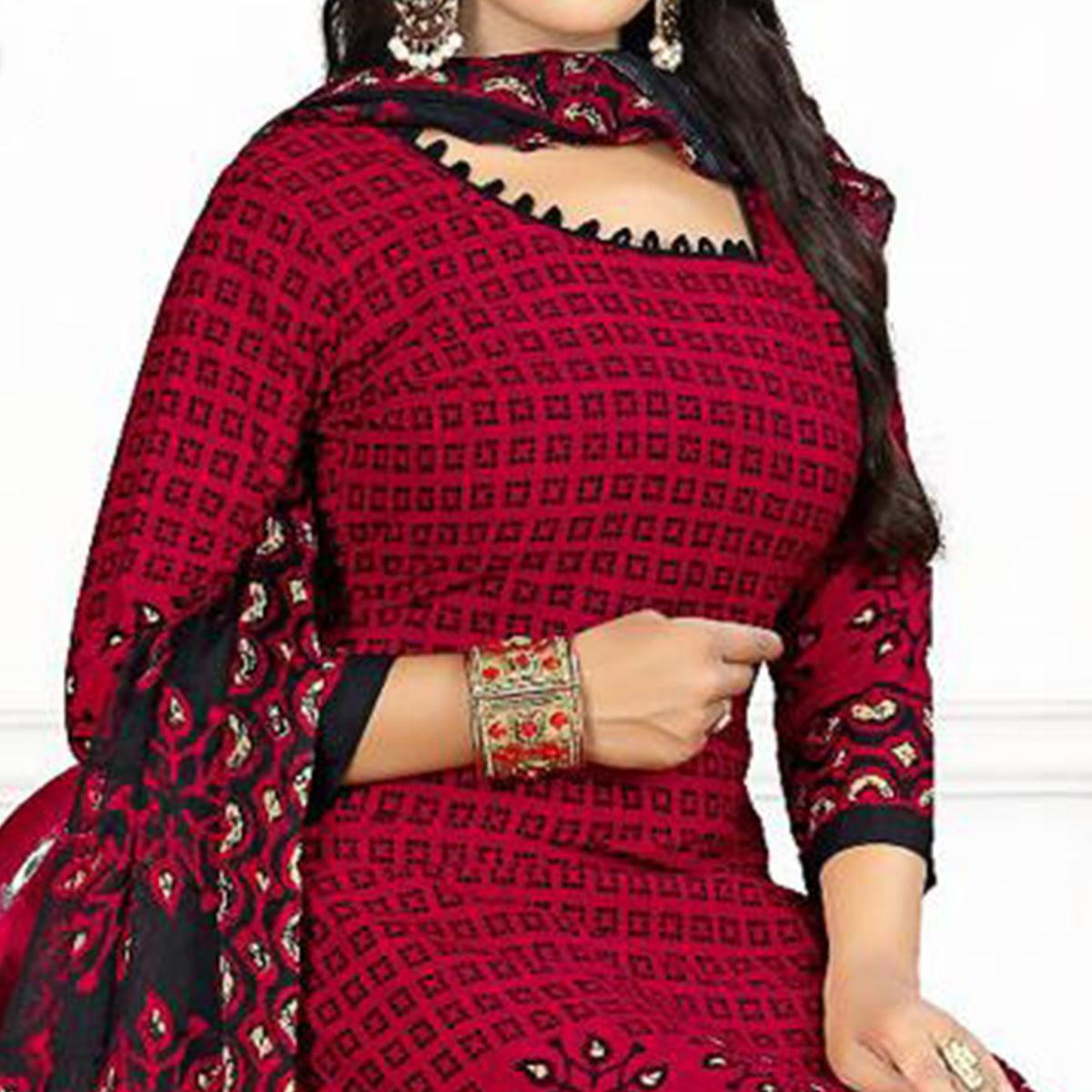 Red Casual Wear Printed Leon Patiala Dress Material - Peachmode