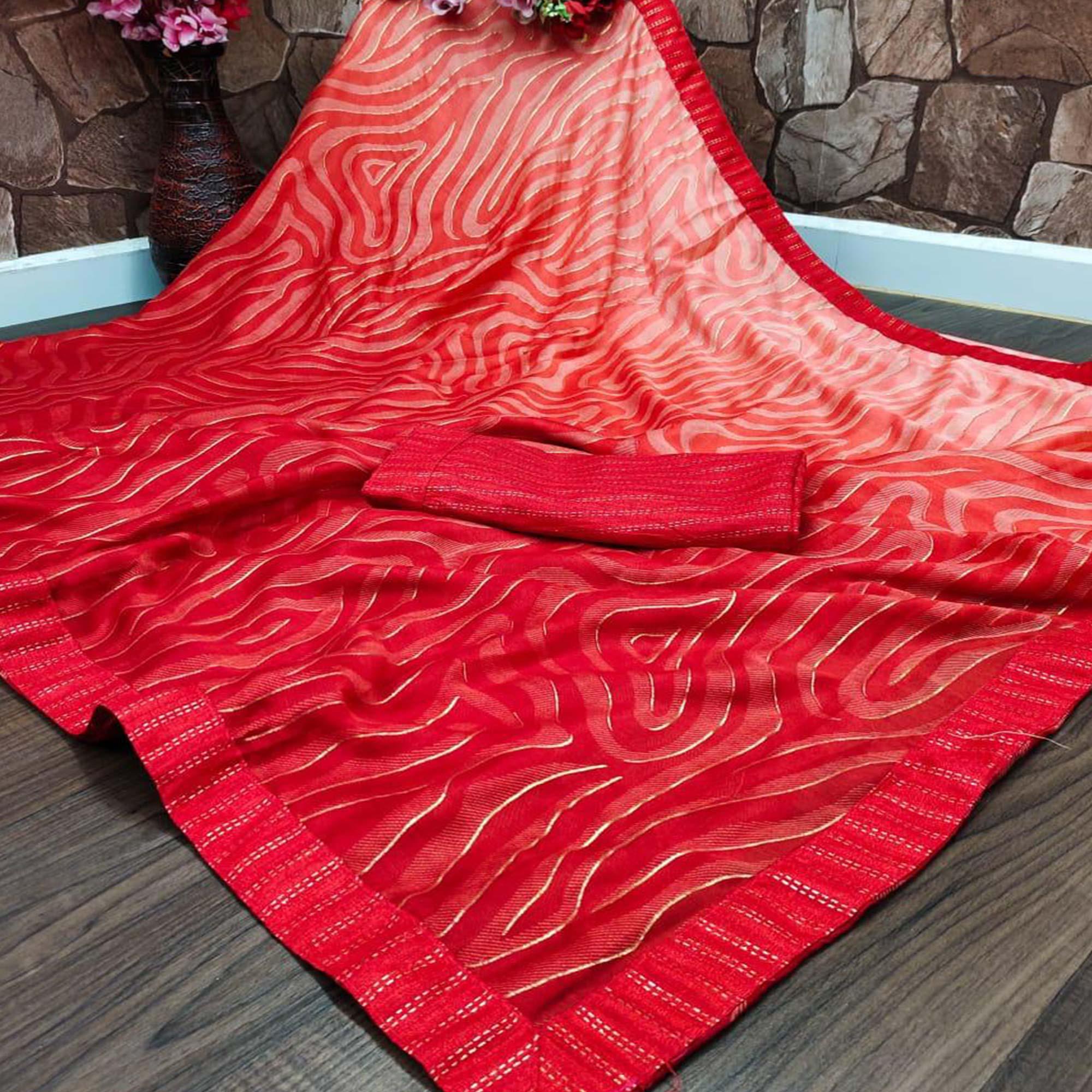 Red Casual Wear Printed Moss Chiffon Saree - Peachmode