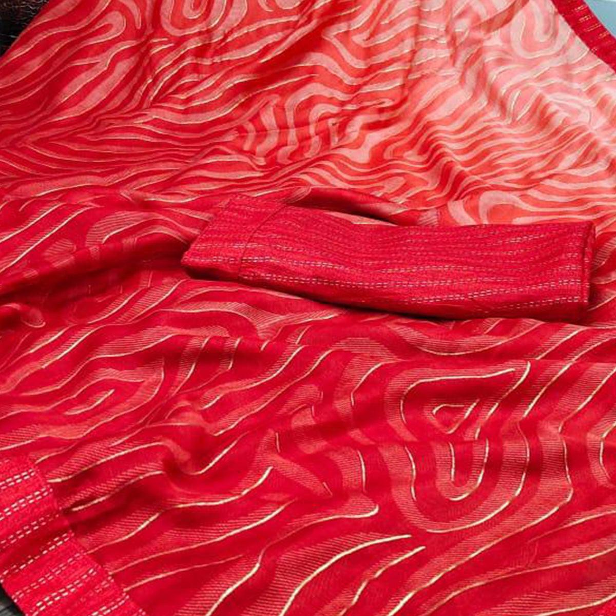 Red Casual Wear Printed Moss Chiffon Saree - Peachmode