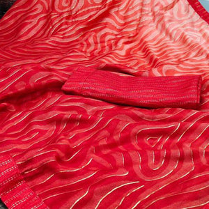 Red Casual Wear Printed Moss Chiffon Saree - Peachmode
