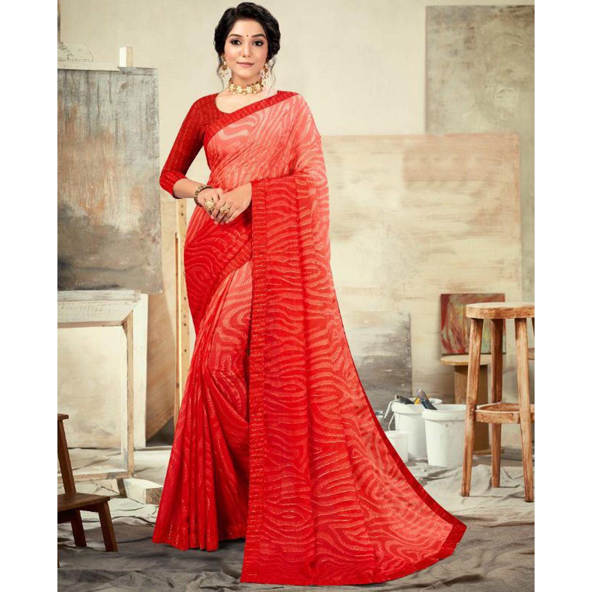 Red Casual Wear Printed Moss Chiffon Saree - Peachmode