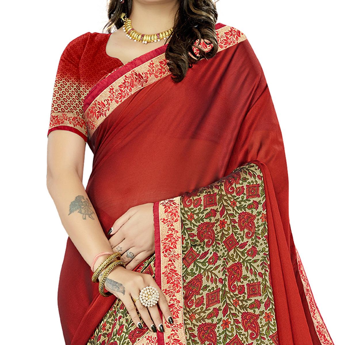 Red Casual Wear Printed Rangoli Silk Saree - Peachmode