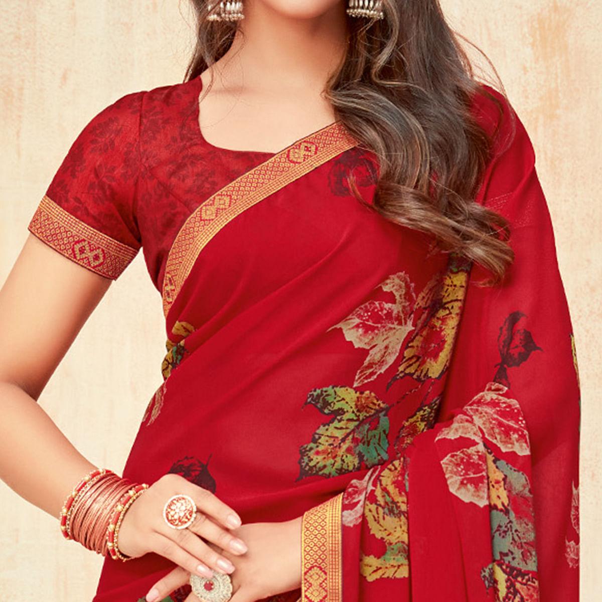 Red Casual Wear Printed Silk Georgette Saree - Peachmode