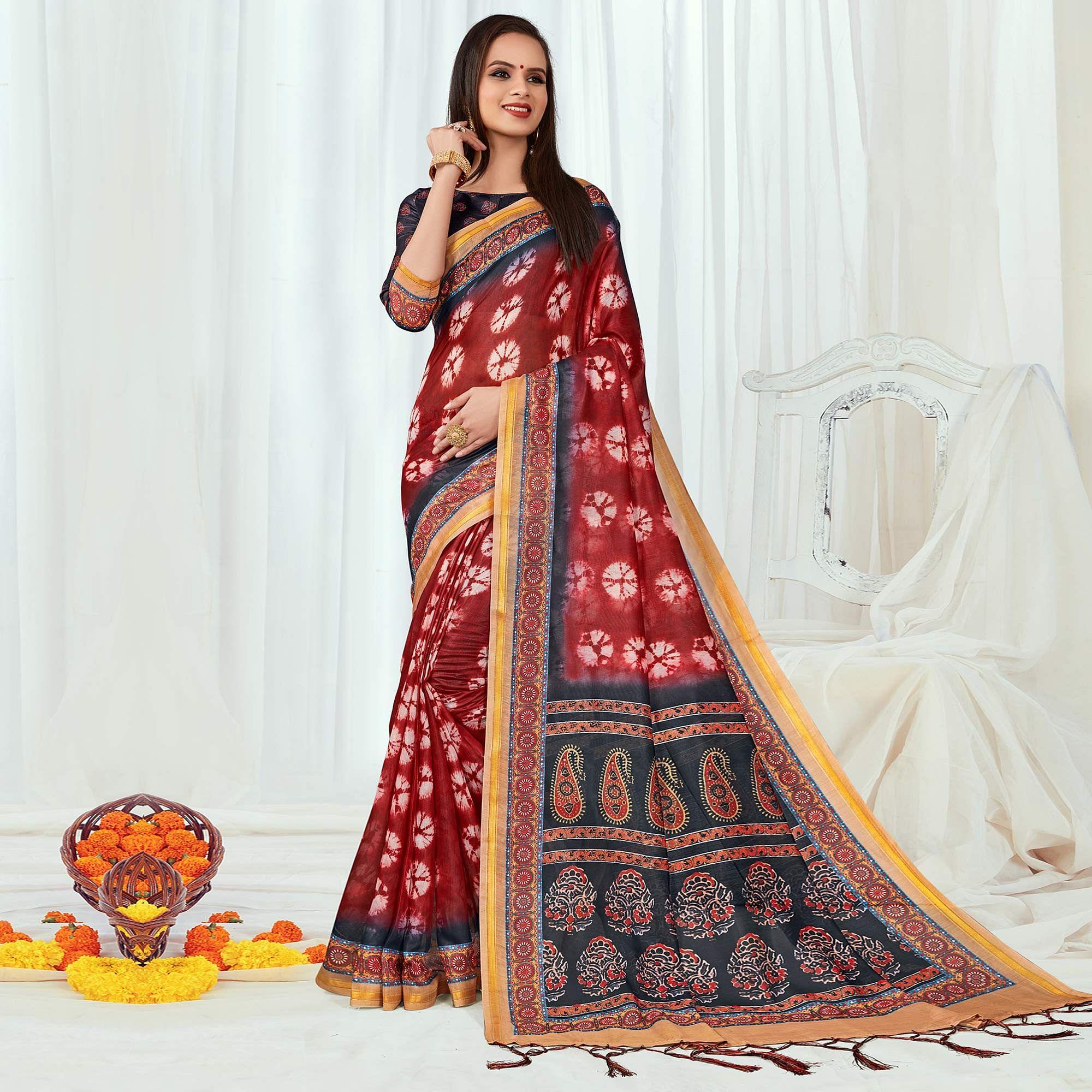 Red Casual Wear Printed Silk Saree - Peachmode