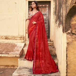 Red Casual Wear Printed Silk Saree - Peachmode